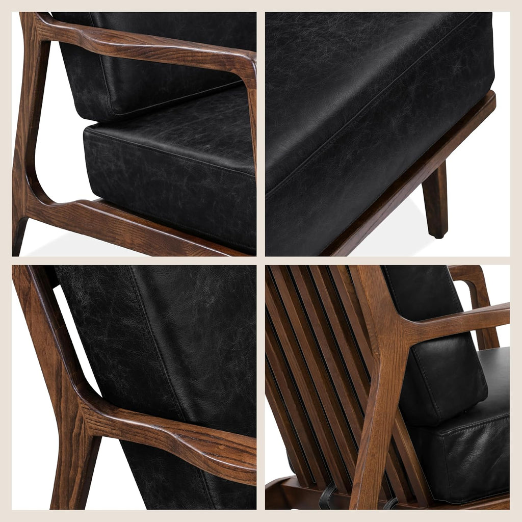 Poly & BARK Verity Leather Accent Chair – Armchair with Walnut Wood Frame – Fashion-Forward Lounge Seating for Living Room – Upholstered in Midnight Blue Leather for Modern Style