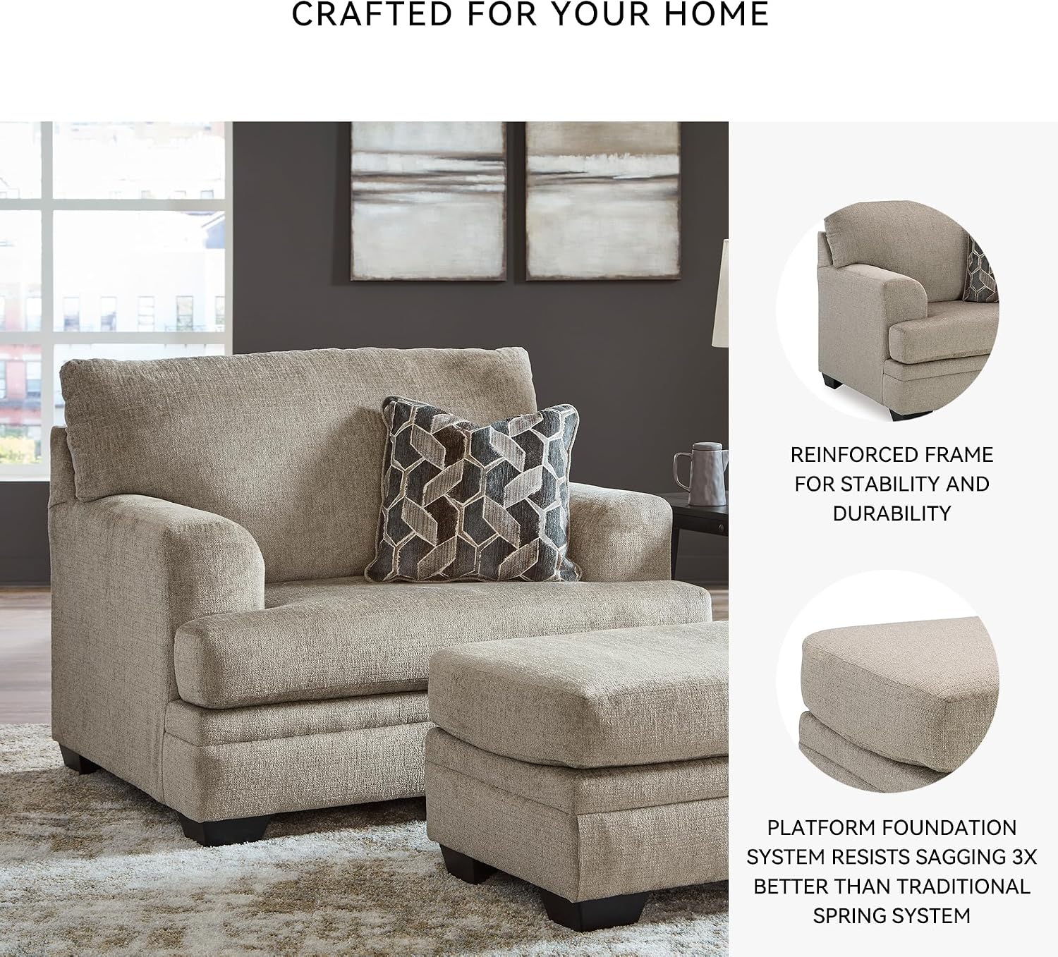 Signature Design by Ashley Stonemeade Transitional Oversized Chair with Reversible Seat Cushion and Accent Pillow, Taupe
