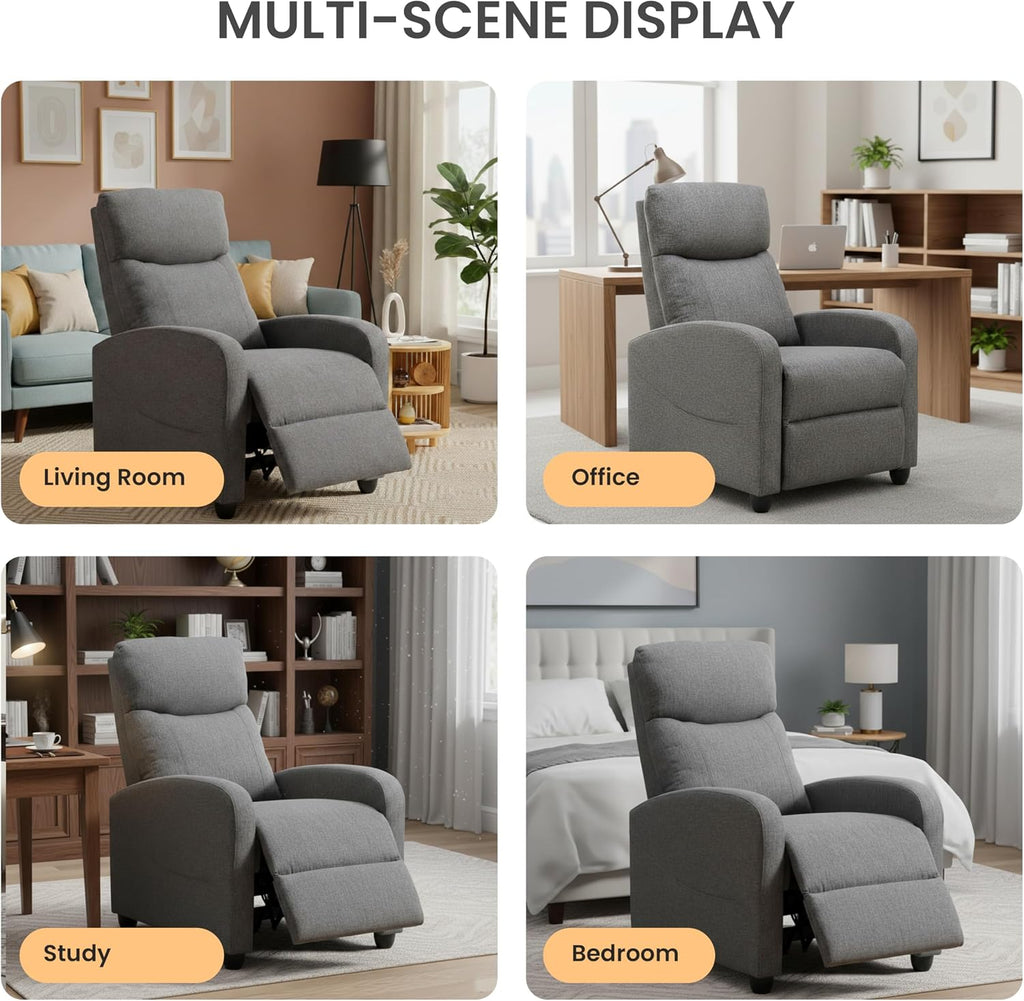 HealSmart Adjustable Push Back Recliner Chair, Soft Fabric Lounge Sofa for Reading & Relaxing, Perfect Home Theater Chair for Living Room & Bedroom, Grey