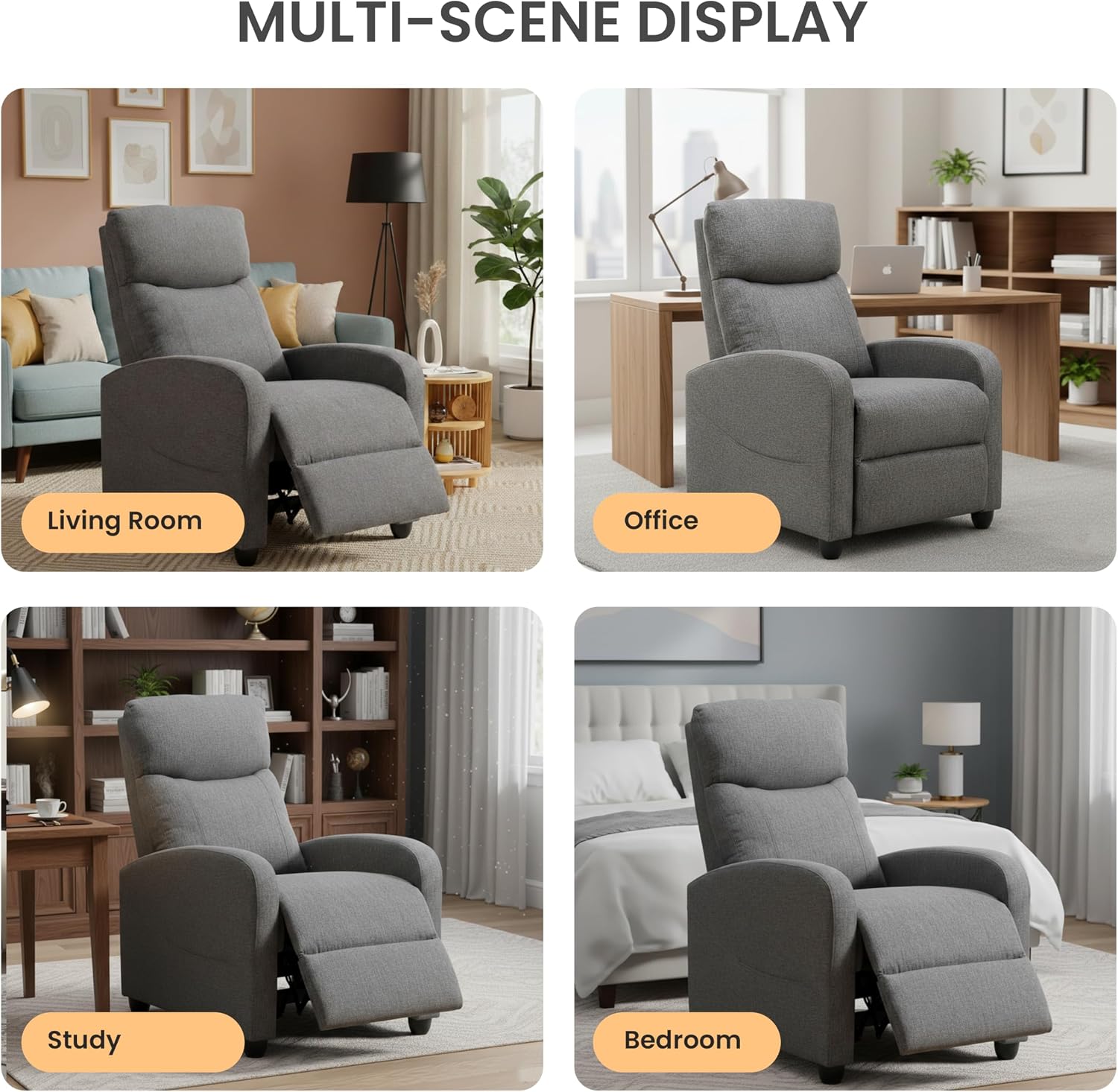 HealSmart Adjustable Push Back Recliner Chair, Soft Fabric Lounge Sofa for Reading & Relaxing, Perfect Home Theater Chair for Living Room & Bedroom, Grey