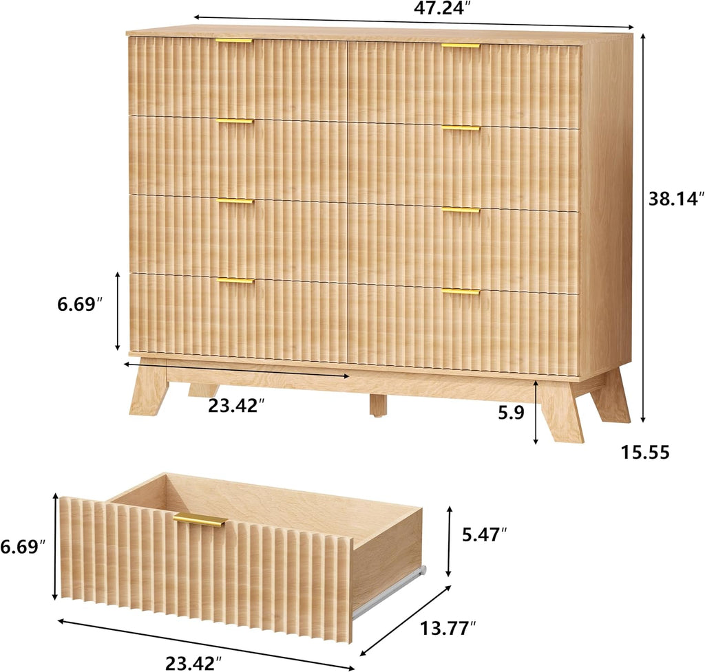 Fluted Dresser for Bedroom, 8 Drawer Dressers & Chest of Drawers, Mid Century Modern Dresser for Closet Boho Bedroom Furniture, Nature Wood Chest of Drawers Storage Organizer for Living Room, White