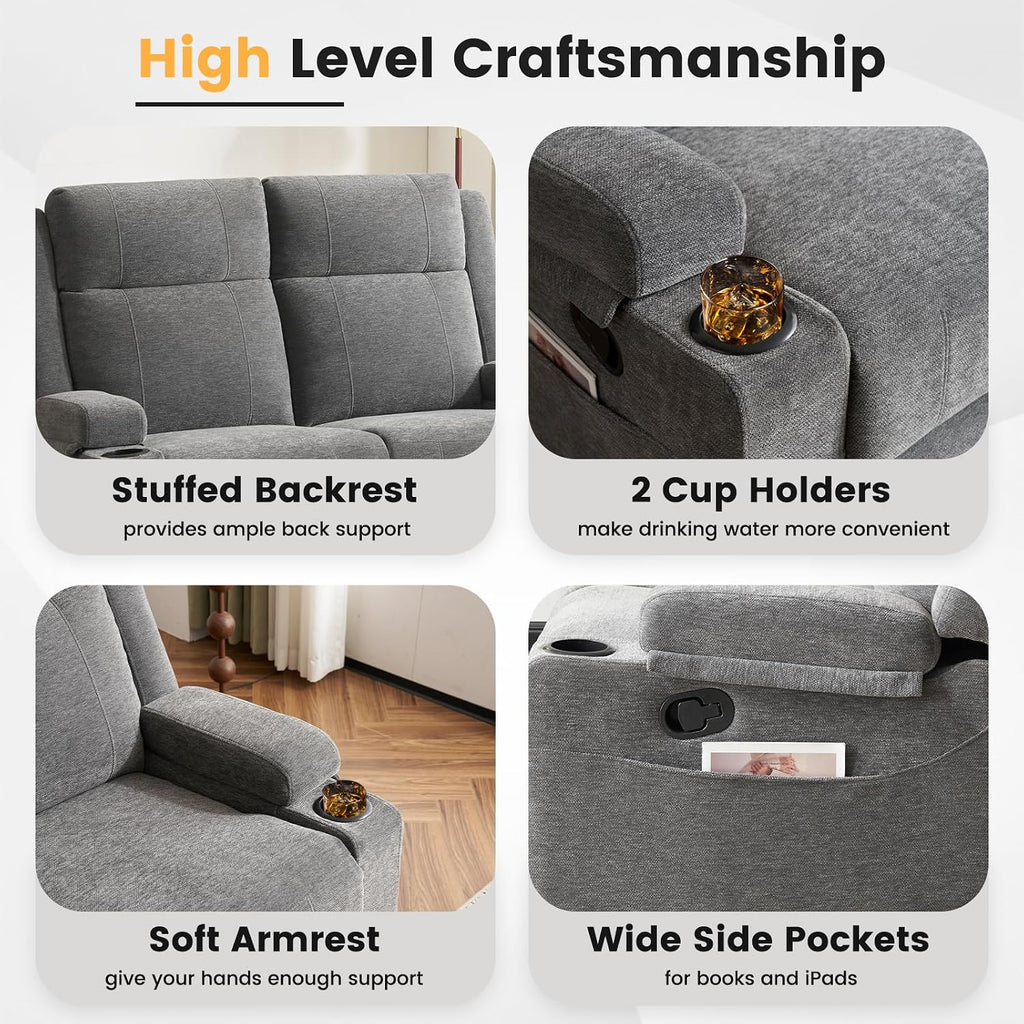 Manual Recliner Sofa Set for Living Room, Comfy Chenille Loveseat Recliner Sofa & Deep Seat Reclining Couch, RV Wall Hugger Loveseat Sofa Set for Living Room Furniture Sets(Gray)