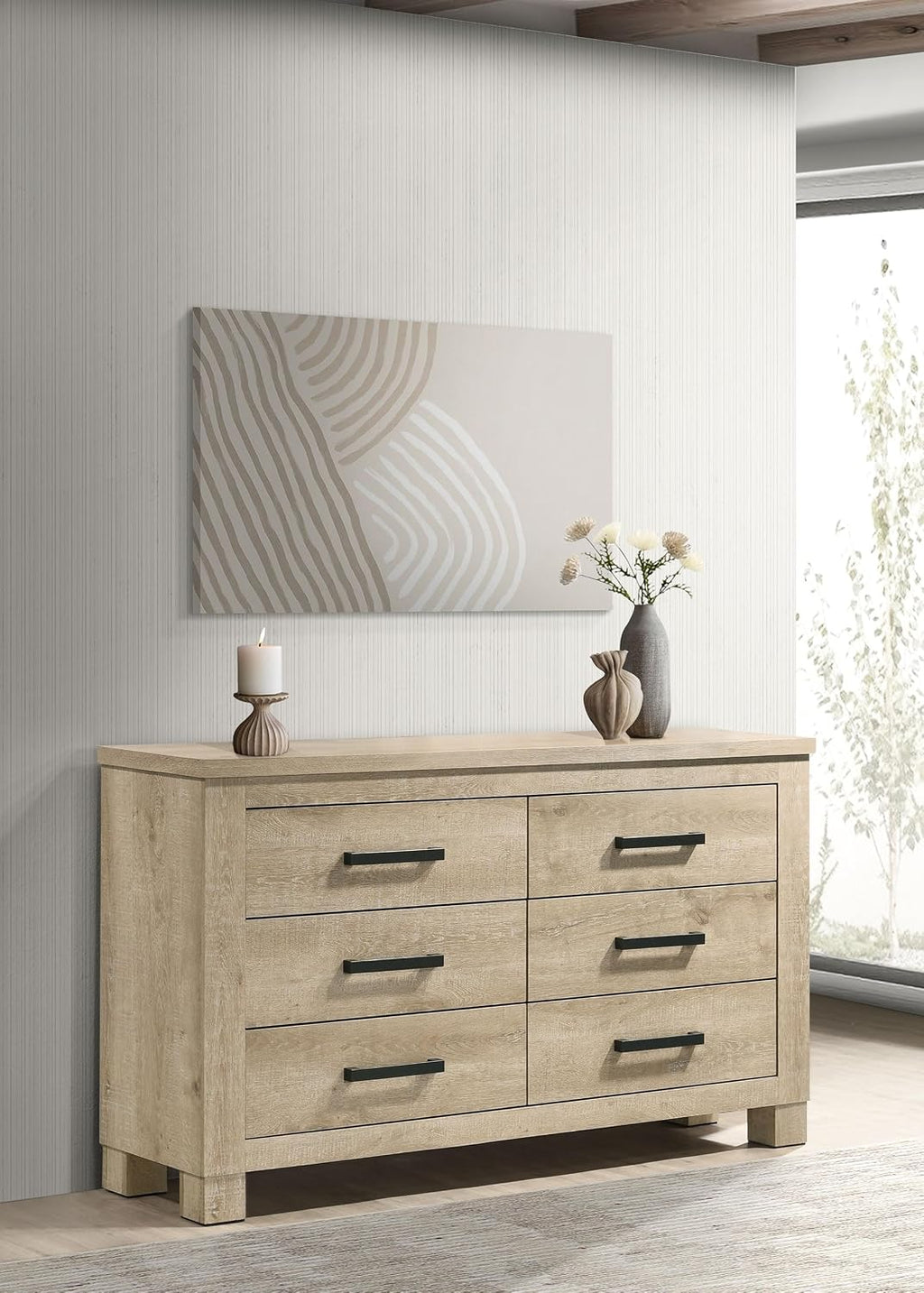 Coaster Home Furnishings - Oakglen - Engineered Wood - 6-Drawer Dresser with Rustic Style, Dark Bronze Handles, Rectangular Shape - Bedroom - Weathered Oak - 225103
