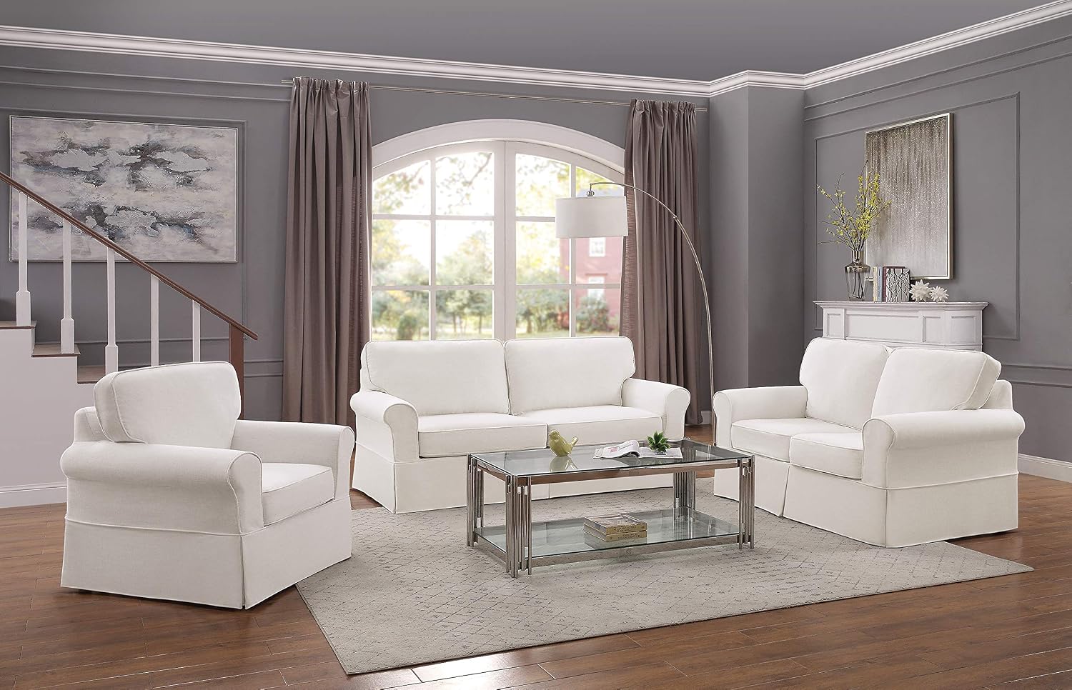 OSP Home Furnishings Ashton Rolled Arm Loveseat with Slipcover, Ivory