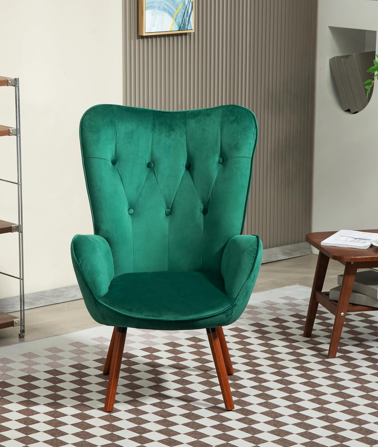 Container Furniture Direct Chic Accent Arm Chairs for Living Room, Bedroom, or Home Office, Button-Tufted Midcentury Armchair with Wingback Design and Splayed Legs, Green