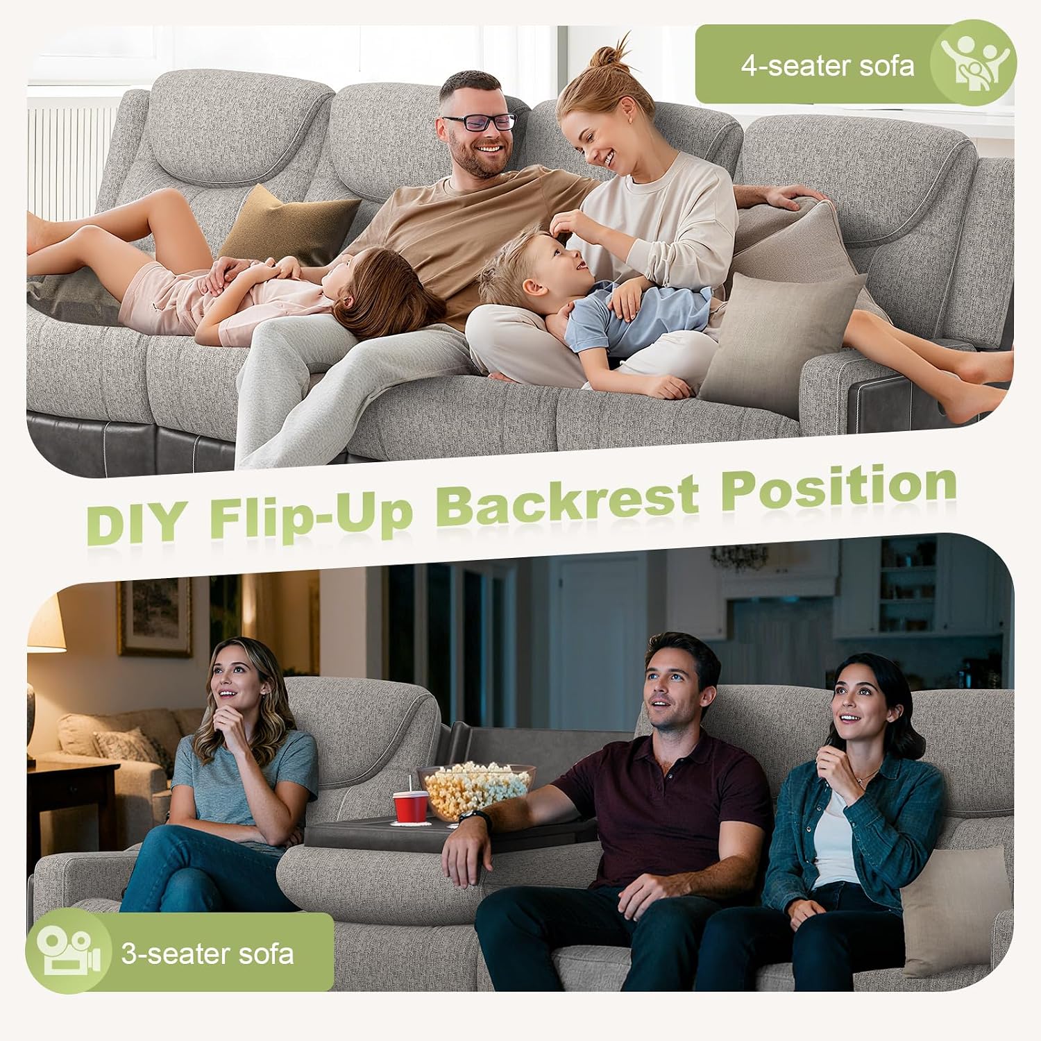Dresegmt 4 Seat Manual Reclining Sofa, Flip Middle Backrest 2-in-1 Recliner Couch with Large Storage Drawer, USB Ports & Cup Holders, Grey Linen & Leather 4 Seater Recliner Sofa for Living Room