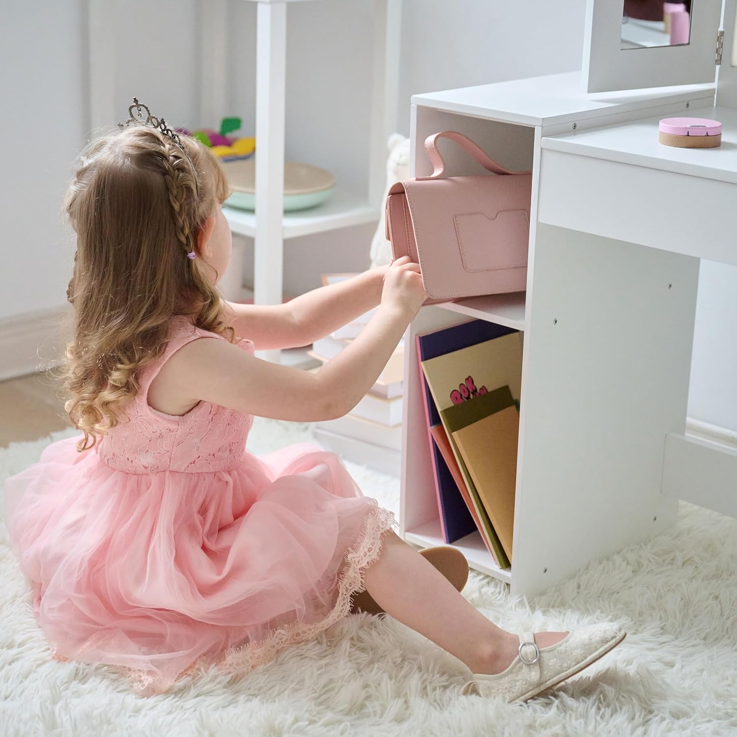 Teamson Kids 2-in-1 White Vanity Desk Set with Mirror & Stool for Girls - Dual Purpose Deluxe Glow Play Makeup Vanity & Desk with LED Lights & Cork Panels for Kids Ages +3