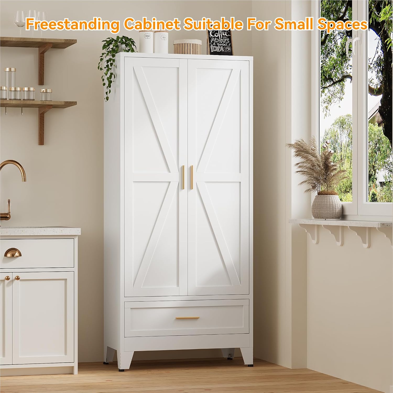 71' Tall Kitchen Pantry Cabinet,Farmhouse Pantry Cabinet,Metal Cabinet with Adjustable Shelves and Drawer,Storage Cabinet for Kitchen Dining Room Garage,White 1 Pack