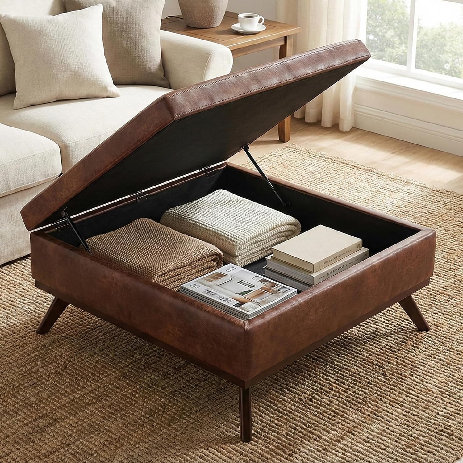 SIMPLIHOME Owen Square Coffee Table Storage Ottoman - 36 inch Wide Upholstered Vegan Leather Lift-Top Ottoman in Distressed Saddle Brown, Mid-Century Modern Ottoman for Living Room with Tufted Detail