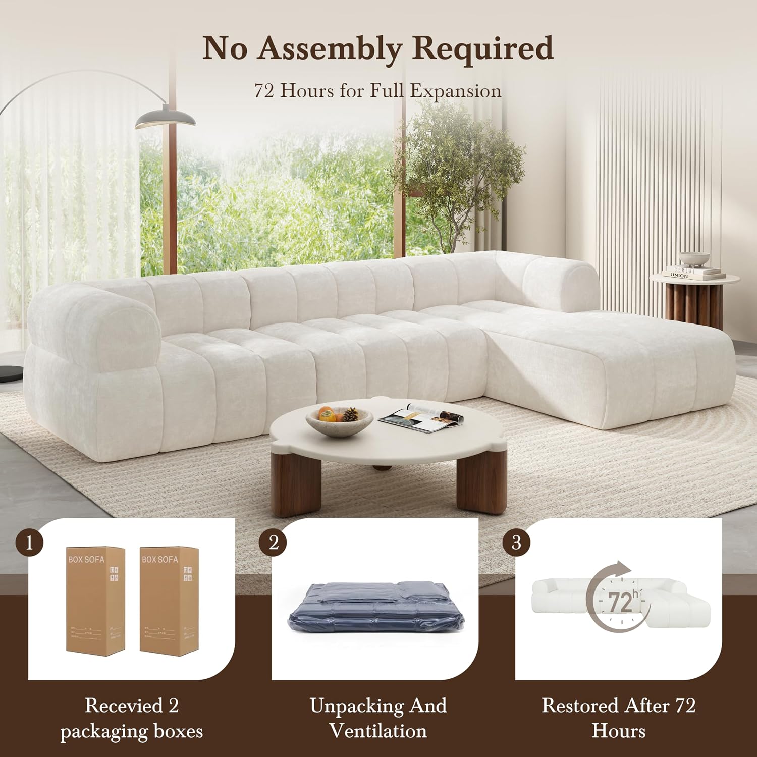 Christopher Knight Home Mania 122' Modular L-Shape Sofa Couch with Chaise Lounge, Modern Sectional Sofa Set for Living Room, Boucle Fabric Upholstered Cloud Couch with Deep Seat, Milky White