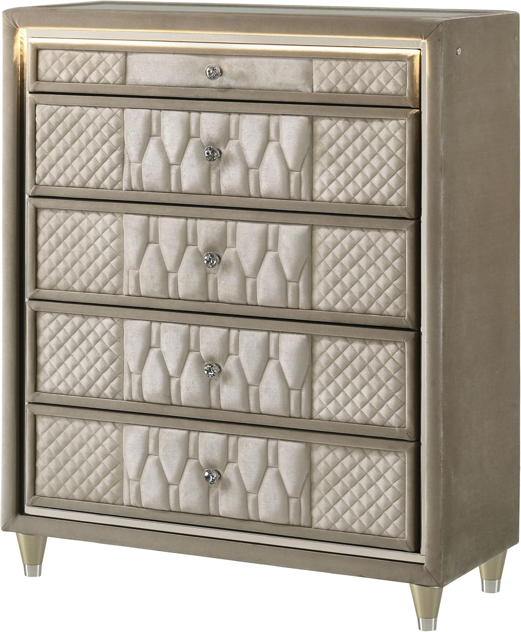 Coaster Home Furnishings - Lorient - Wood and Velvet - 5-Drawer Chest with Built-in LED Lighting, Crystal Knobs and English Dovetail Joinery - Bedroom - Ivory and Camel - 222665