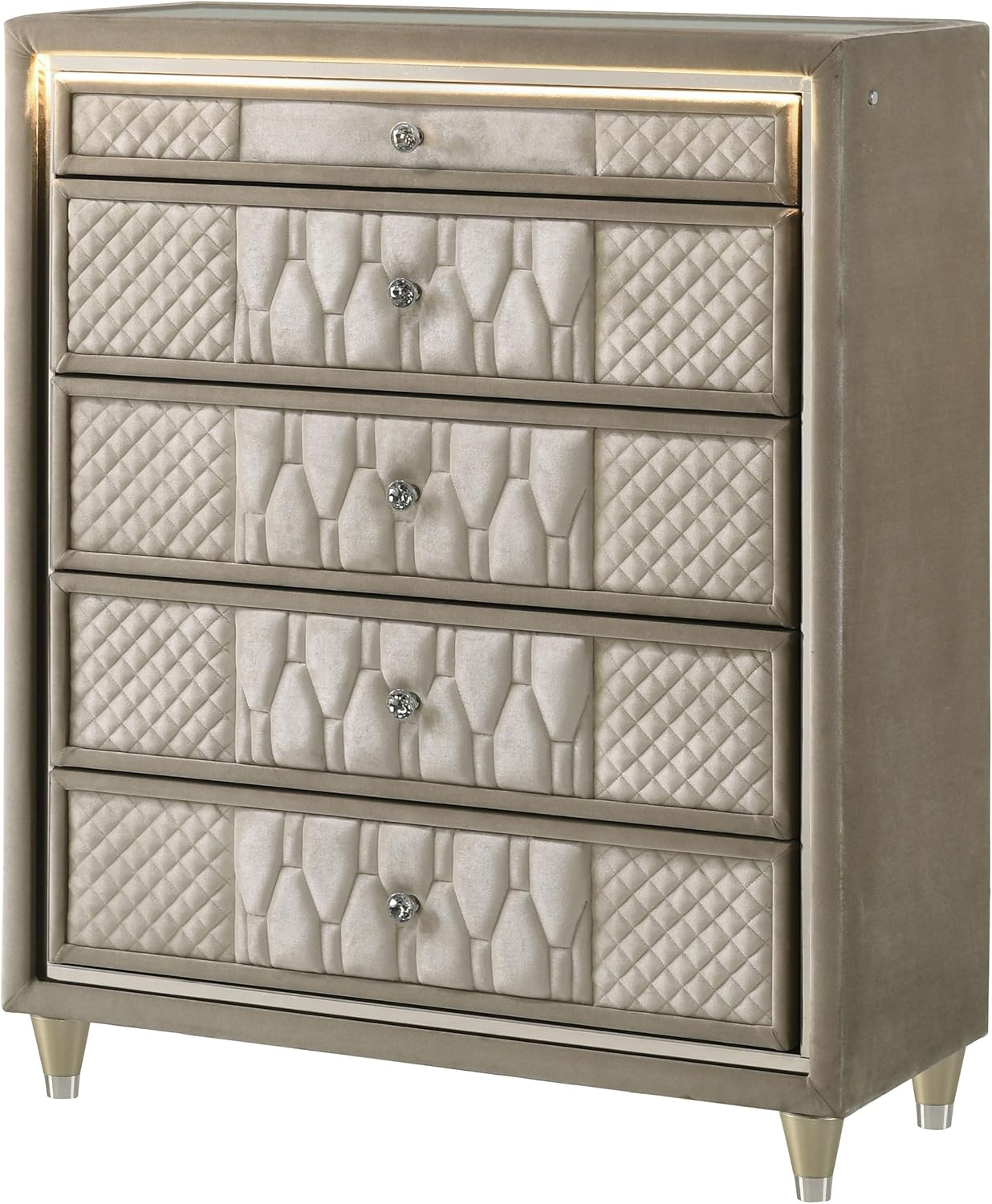 Coaster Home Furnishings - Lorient - Wood and Velvet - 5-Drawer Chest with Built-in LED Lighting, Crystal Knobs and English Dovetail Joinery - Bedroom - Ivory and Camel - 222665