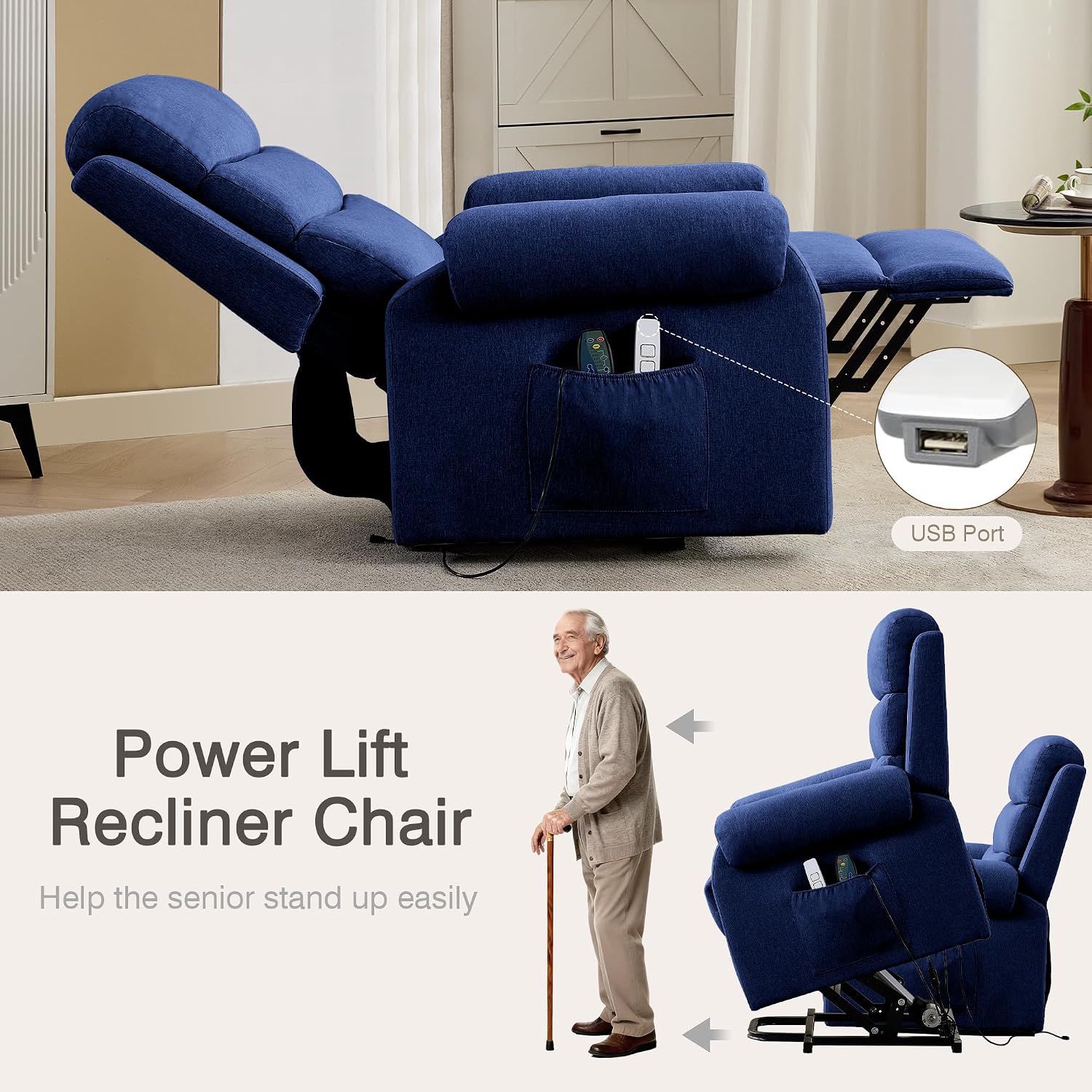 LOUVIXA Power Lift Recliner Chair Recliners for Elderly with Heat and Massage Recliner Chair for Living Room with Infinite Position and Side Pocket, USB Charge Port (Dark Blue)