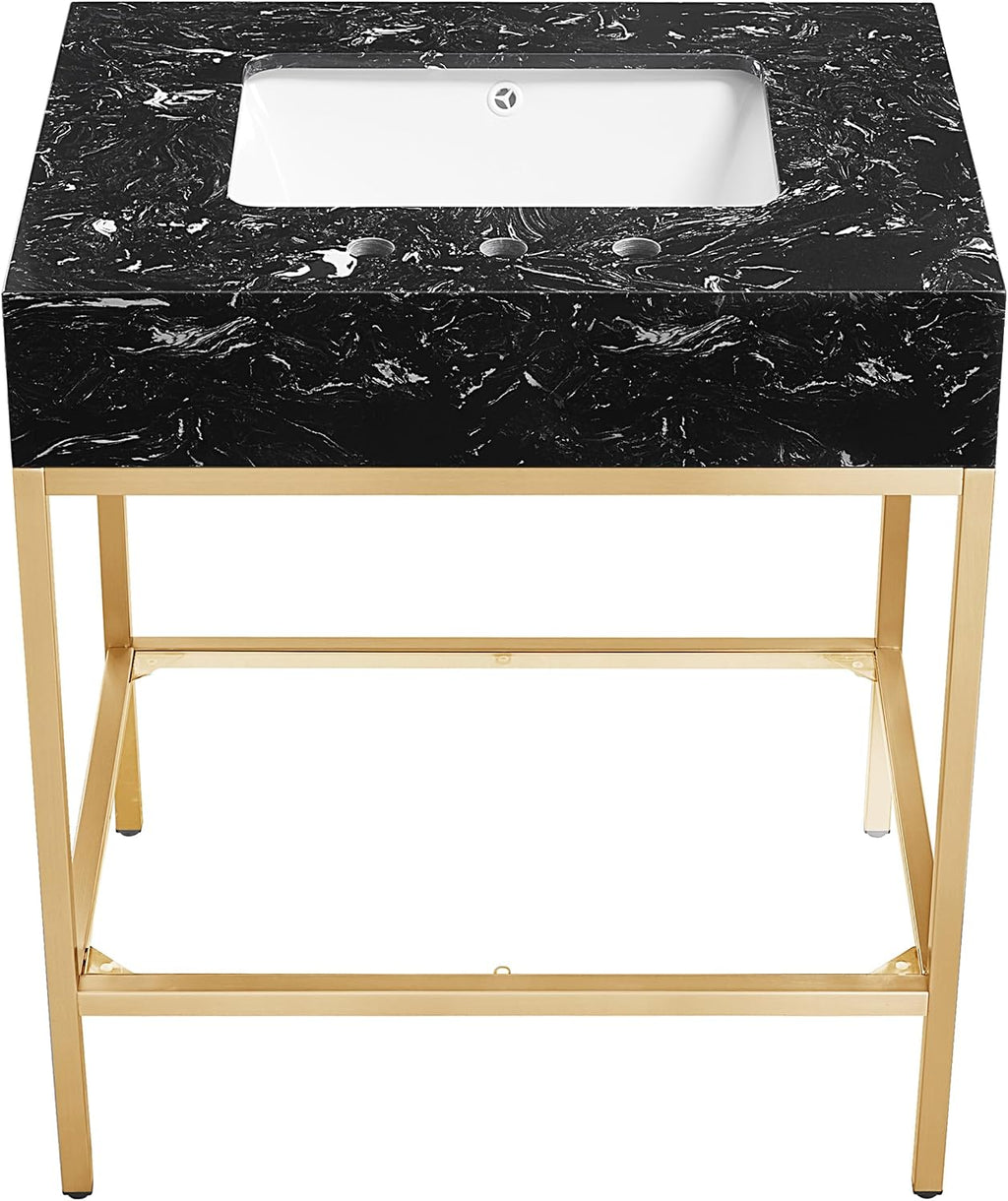 Meridian Furniture 406Black-30 Marmo Collection Modern | Contemporary Bathroom Vanity, Engineered Stone with White Veining, Brushed Brass Stainless Steel Base, 30' W x 23' D x 34' H, White