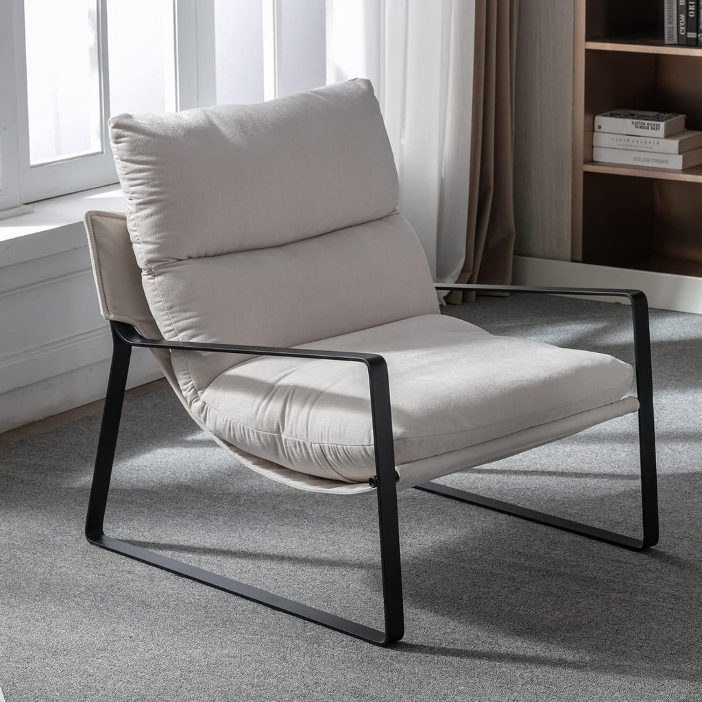 Ya-Home Mid-Century Accent Chair, Comfy Side Chair with Armrest, Chenille Fabric Upholstered Leisure Chair with Black Metal Frame for Living Room Bedroom Reception Room, White