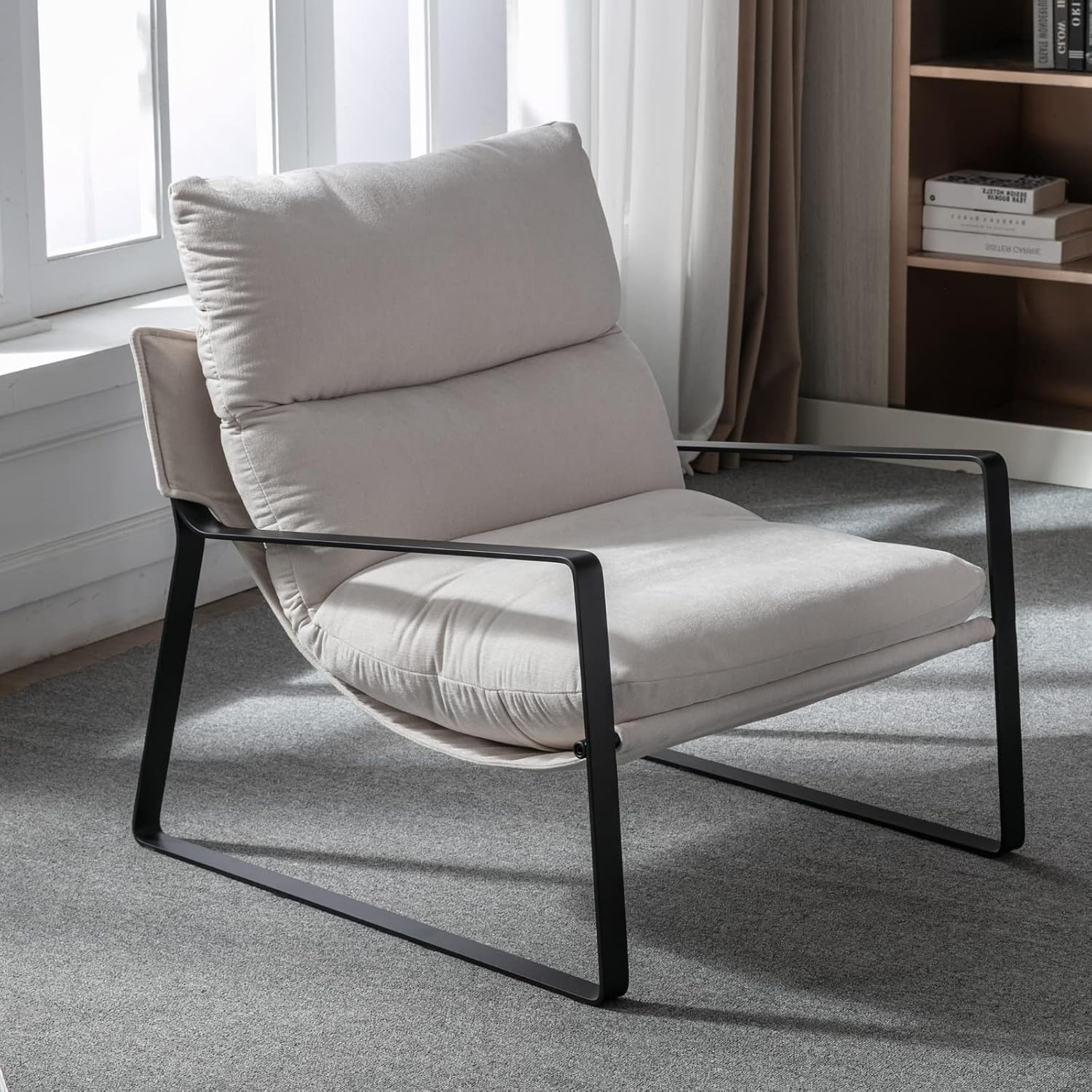 Ya-Home Mid-Century Accent Chair, Comfy Side Chair with Armrest, Chenille Fabric Upholstered Leisure Chair with Black Metal Frame for Living Room Bedroom Reception Room, White