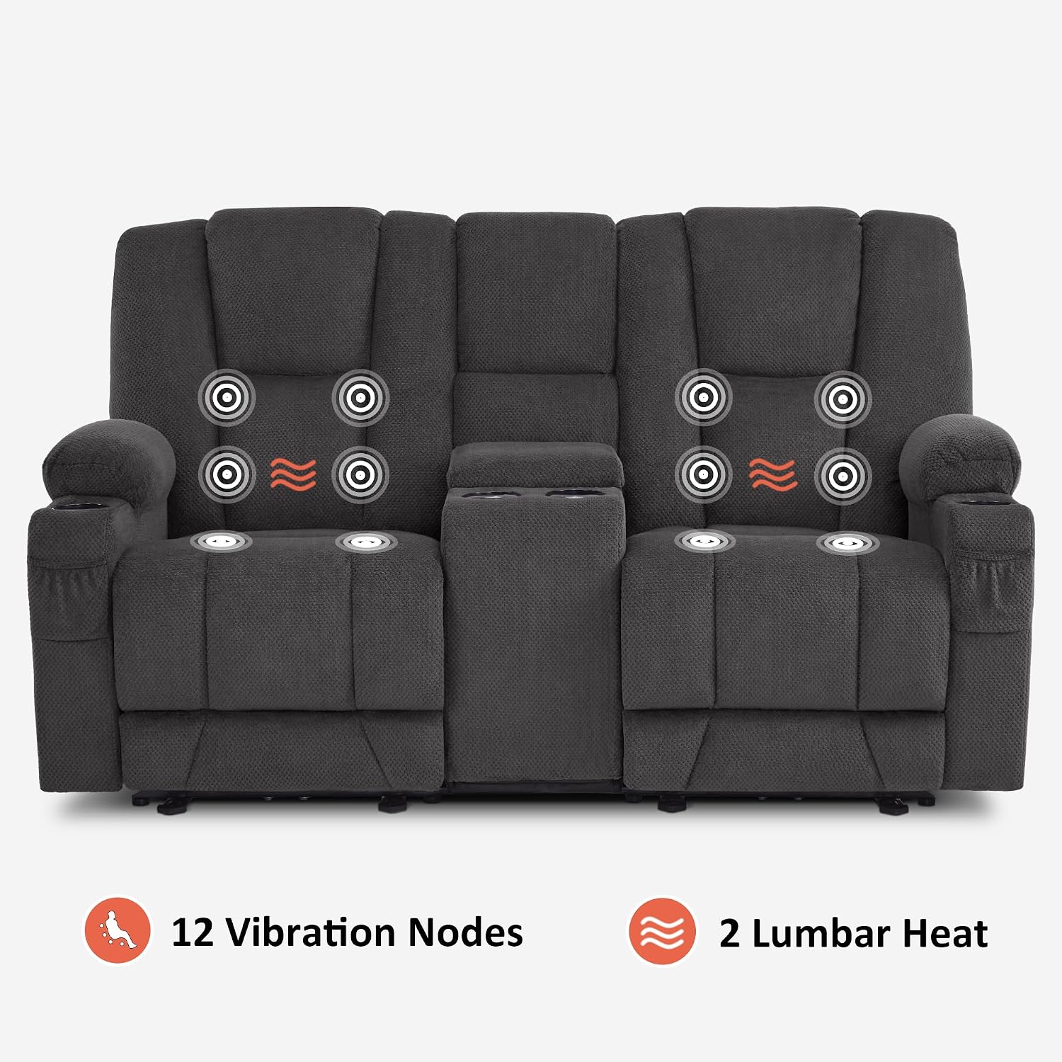 MCombo Zero Gravity Power Loveseat Sofa with Console, Heat and Massage, Reclining Loveseat for Living Room, Fabric 6035SET (Grey, Loveseat with Console)