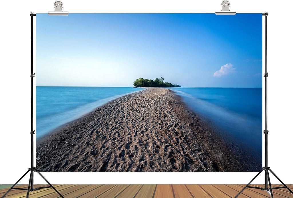 20x10ft Fabric Narrow Sandbar Island Backdrop with Calm Blue Water Background for Coastal Party Decorations Home Wall Hanging Photo Shoot Studio Props Tapestry