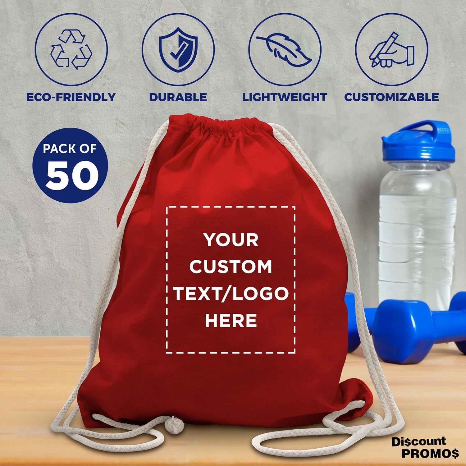 DISCOUNT PROMOS Custom Cotton Drawstring Backpacks Set of 50, Personalized Bulk Pack - Bring Everywhere You Go and For Everyday Use - Red