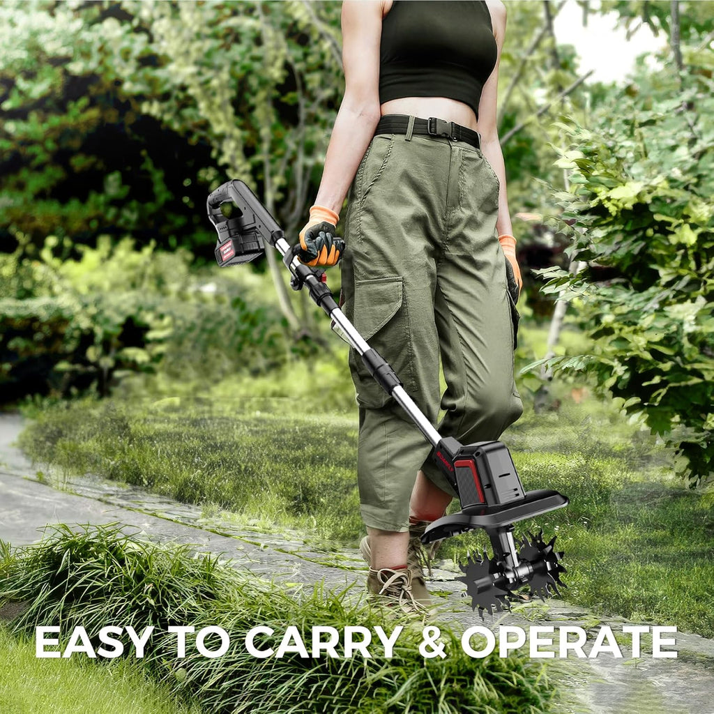 SOARFLY Upgraded Cordless Electric Tiller for Gardening, Total 8.0Ah Battery Powered Mini Cultivator with 2×4.0AH Batteries, 9' Width, 6.6' Depth, 48 Steel Tines Rototiller for Soil Cultivation