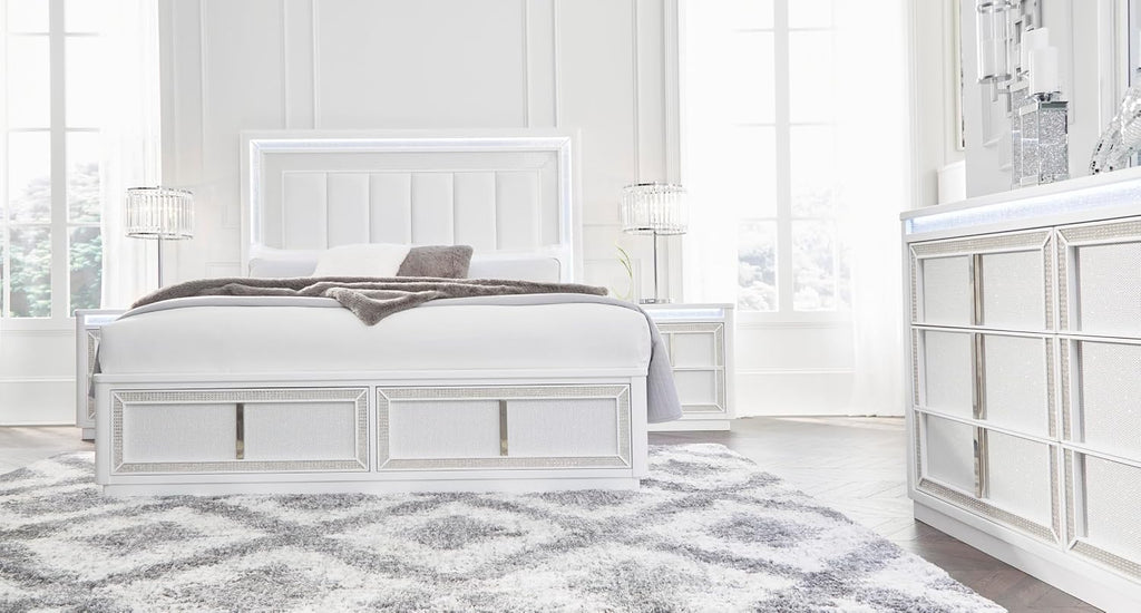 Signature Design by Ashley Chalanna Contemporary Dresser with 6 Drawers, Built-in LED Lighting, Rhinestone Details, Wood, White, 64' W x 20' D x 38.75' H