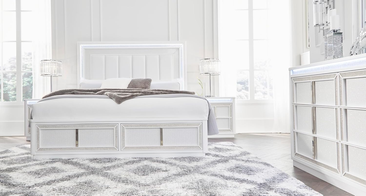Signature Design by Ashley Chalanna Contemporary Dresser with 6 Drawers, Built-in LED Lighting, Rhinestone Details, Wood, White, 64' W x 20' D x 38.75' H