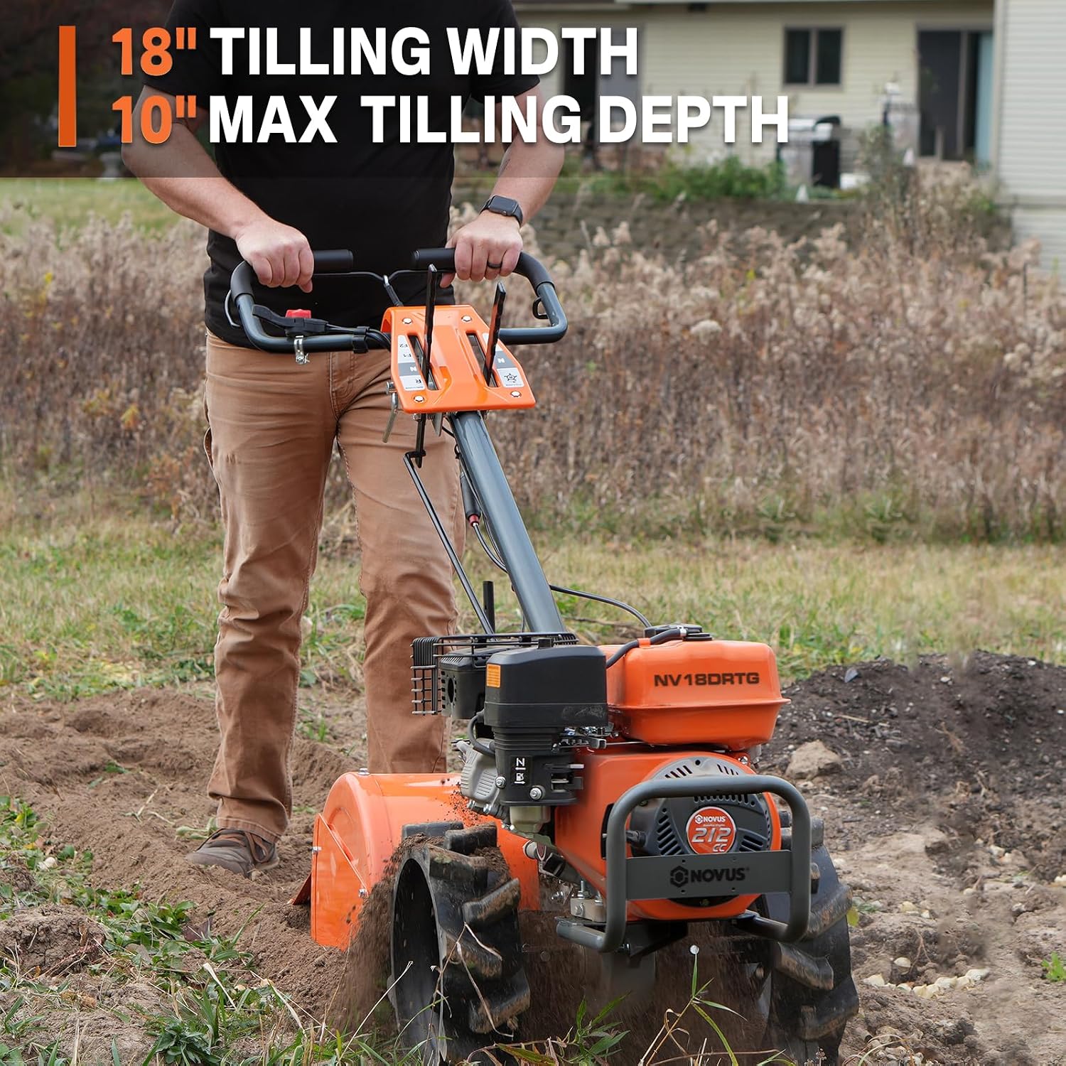 NOVUS 18-Inch Dual Direction Rear Tine Tiller, 212cc 4-Cycle Gas Engine, Full Gear Transmission, Dual Rotating Tines, Airless Tires Gas Tiller for Small to Large Gardens