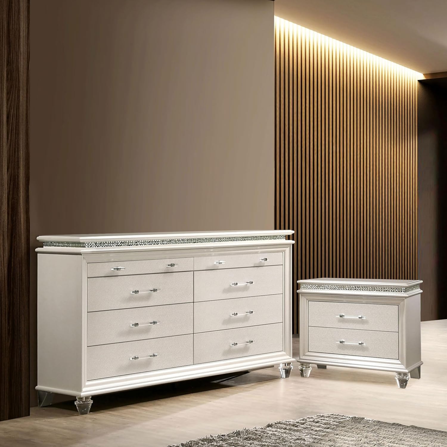 HOMES: Inside + Out Bevill Modern Wood 2-Piece Nightstand with 8-Drawer Dresser Set for Bedroom, Pearl White and White