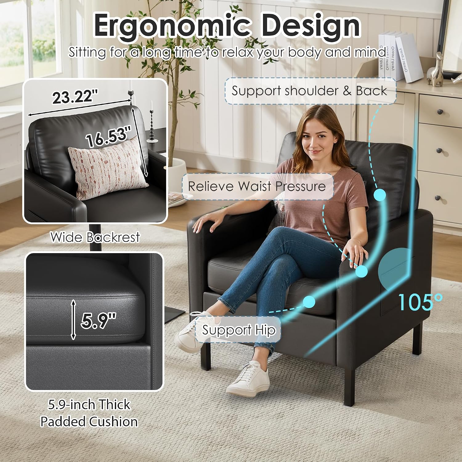 STHOUYN Black Faux Leather Accent Chair with Arms, Modern Small Accent Office Chair, Waiting Room Chairs for Living Room Bedroom with Metal Legs (1, Black)