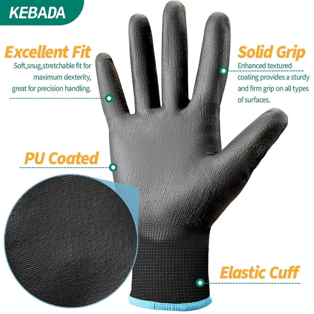 Kebada Safety Work Gloves,240 Pairs Bulk Pack, PU Coated, Ideal for Warehouse, Construction, Gardening and Mechanics, Black, Small