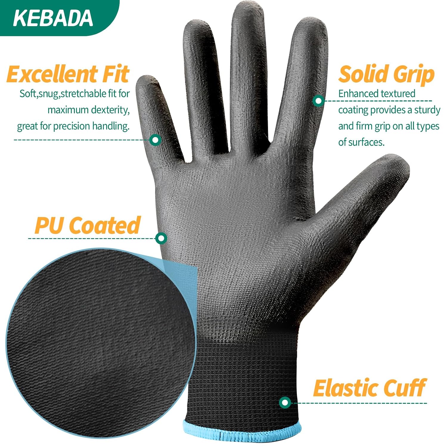 Kebada Safety Work Gloves,240 Pairs Bulk Pack, PU Coated, Ideal for Warehouse, Construction, Gardening and Mechanics, Black, Small