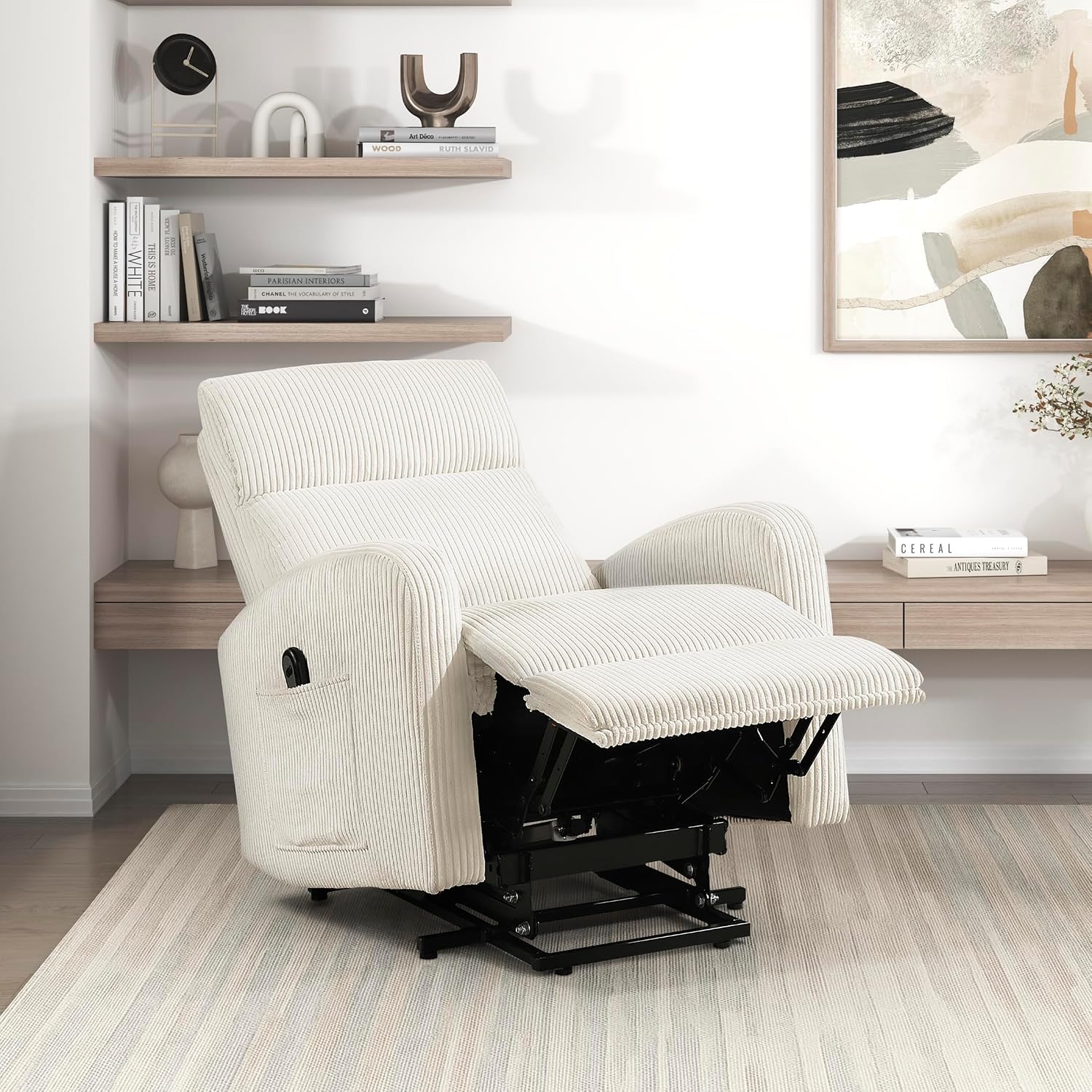 Lexicon Power Lift Recliner Chair for Elderly with Remote Control, Gentle Lift Motion, Side Pocket Armrest, Corduroy Upholstered Electric Recliner for Living Room/Bedroom, Easy Assembly, Beige