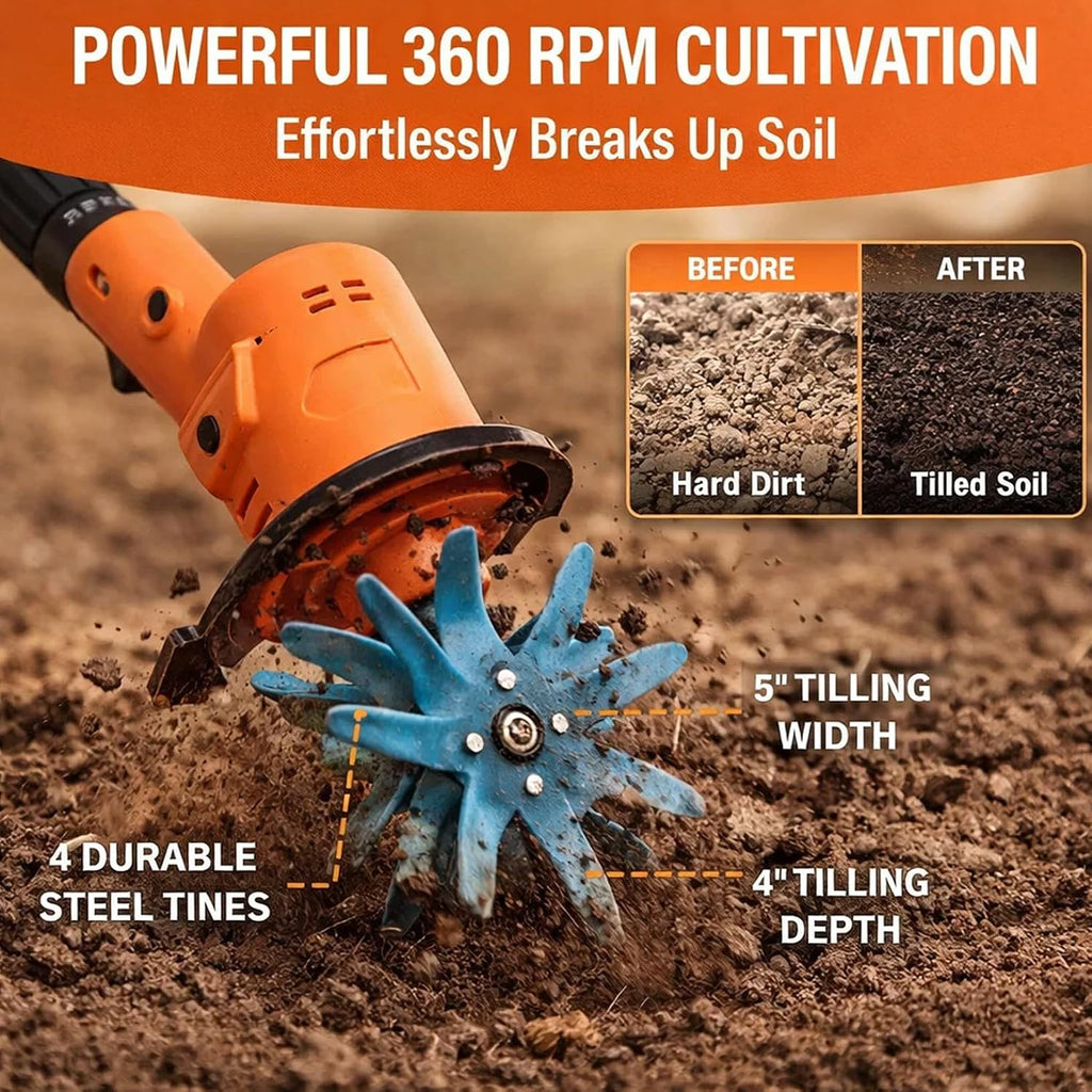 21V Cordless Tiller for Gardening, 360 RPM Electric Garden Tiller, 2-in-1 Powered Mini Cultivator with 2×2.0Ah Batteries & Charger, 5' Tilling Width, 4' Depth, for Lawn/Soil Cultivation (with Pole)