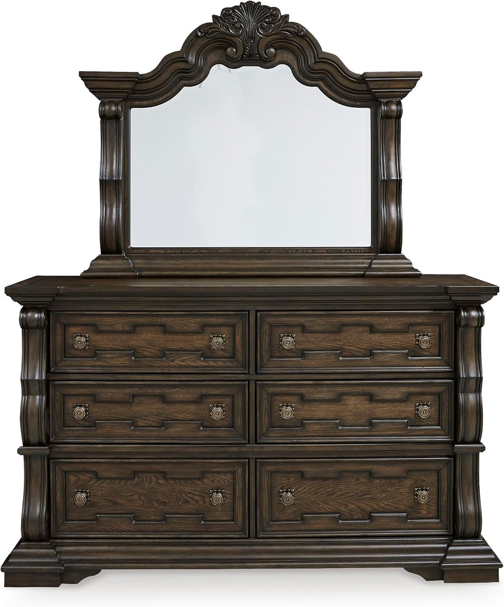Signature Design by Ashley Maylee 6 Drawer Traditional Dresser with Mirror, Bedroom Chest of Drawers, Hardwood Solids, Oak & Ash Swirl Veneers, MDF Substrates, Cast Resin, Dark Brown