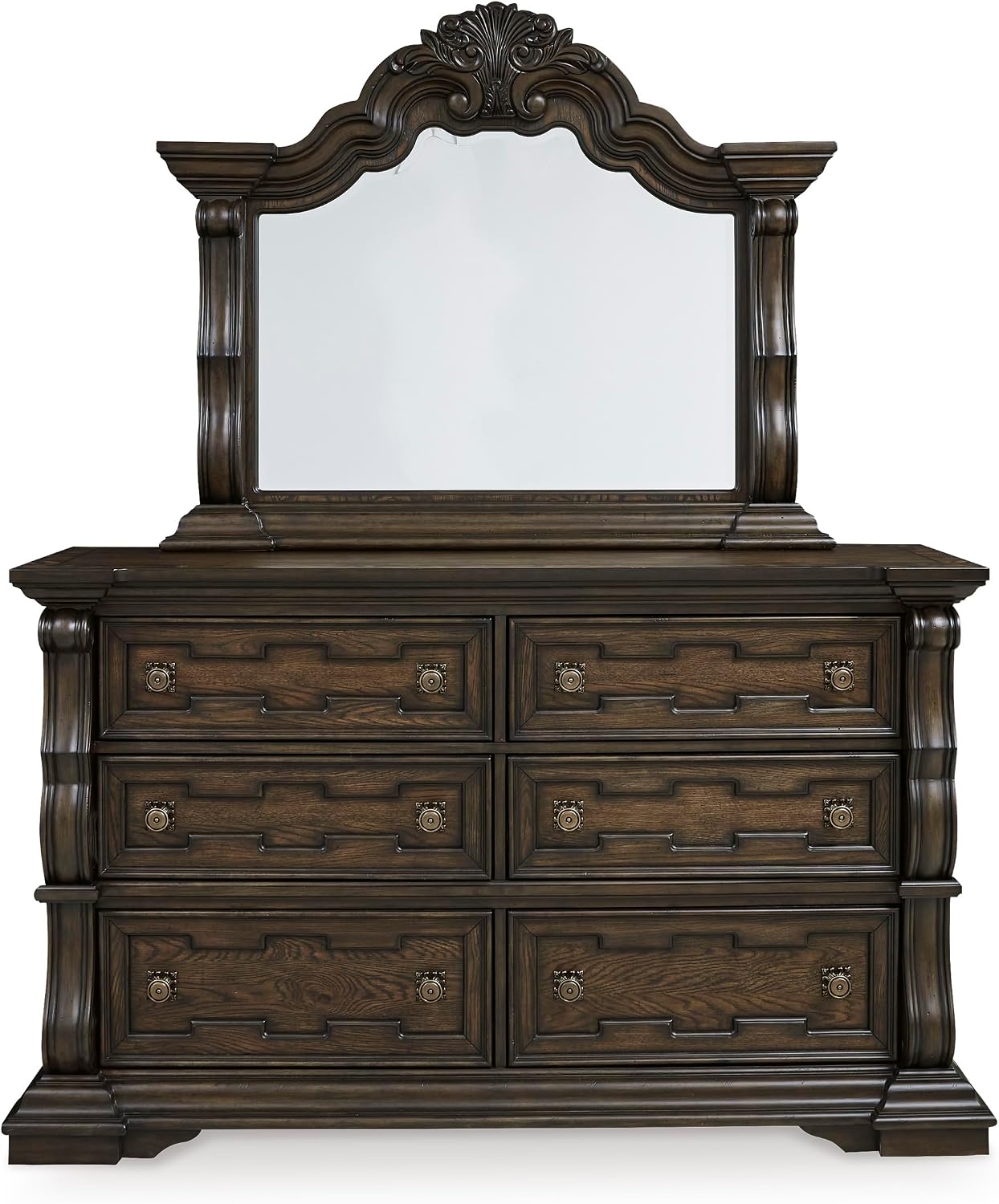 Signature Design by Ashley Maylee 6 Drawer Traditional Dresser with Mirror, Bedroom Chest of Drawers, Hardwood Solids, Oak & Ash Swirl Veneers, MDF Substrates, Cast Resin, Dark Brown