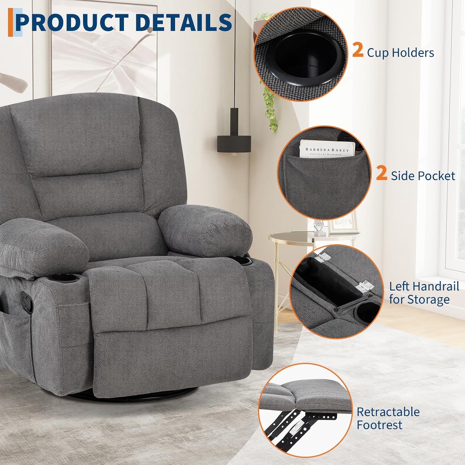 Massage Recliner Chair for Living Room, Chenille Rocker Recliner Chair for Adults with Vibration Massage and Heat, Adjustable Home Theater Seating for Living Room, Bedroom, 360° Swivel, Grey