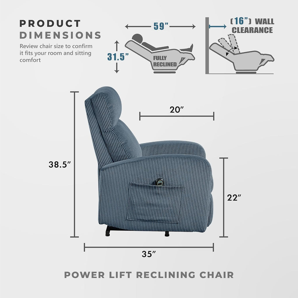 Lexicon Power Lift Recliner Chair for Elderly with Remote Control, Gentle Lift Motion, Side Pocket Armrest, Corduroy Upholstered Electric Recliner for Living Room/Bedroom, Easy Assembly, Midnight Blue