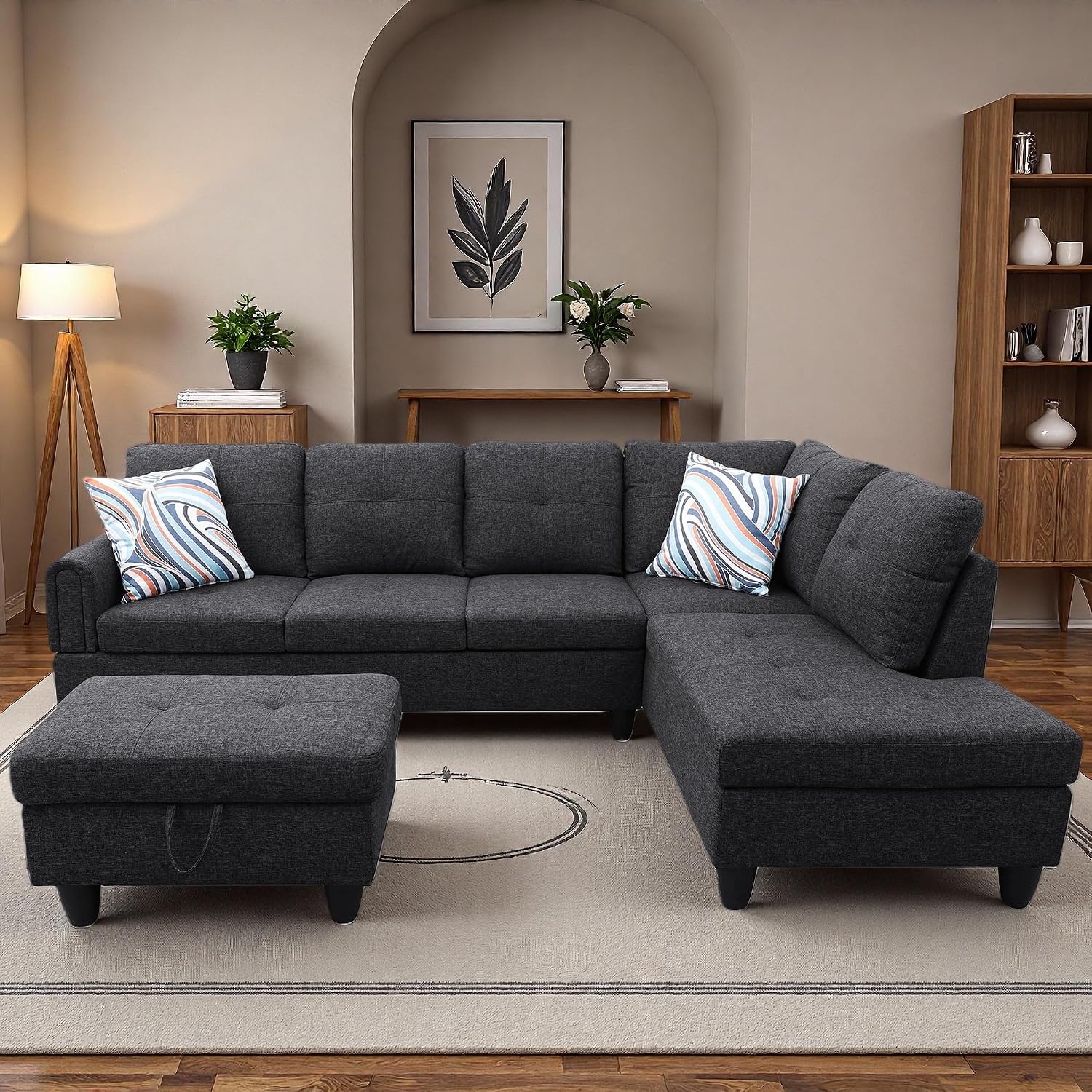 97.5' L Shaped Couch Set, Modular Sectional Couches for Living Room with Storage Ottoman, 4 Seat Home Sofa Living Room Furniture Sets with Chaise for Apartment Office (Linen, Black Grey)