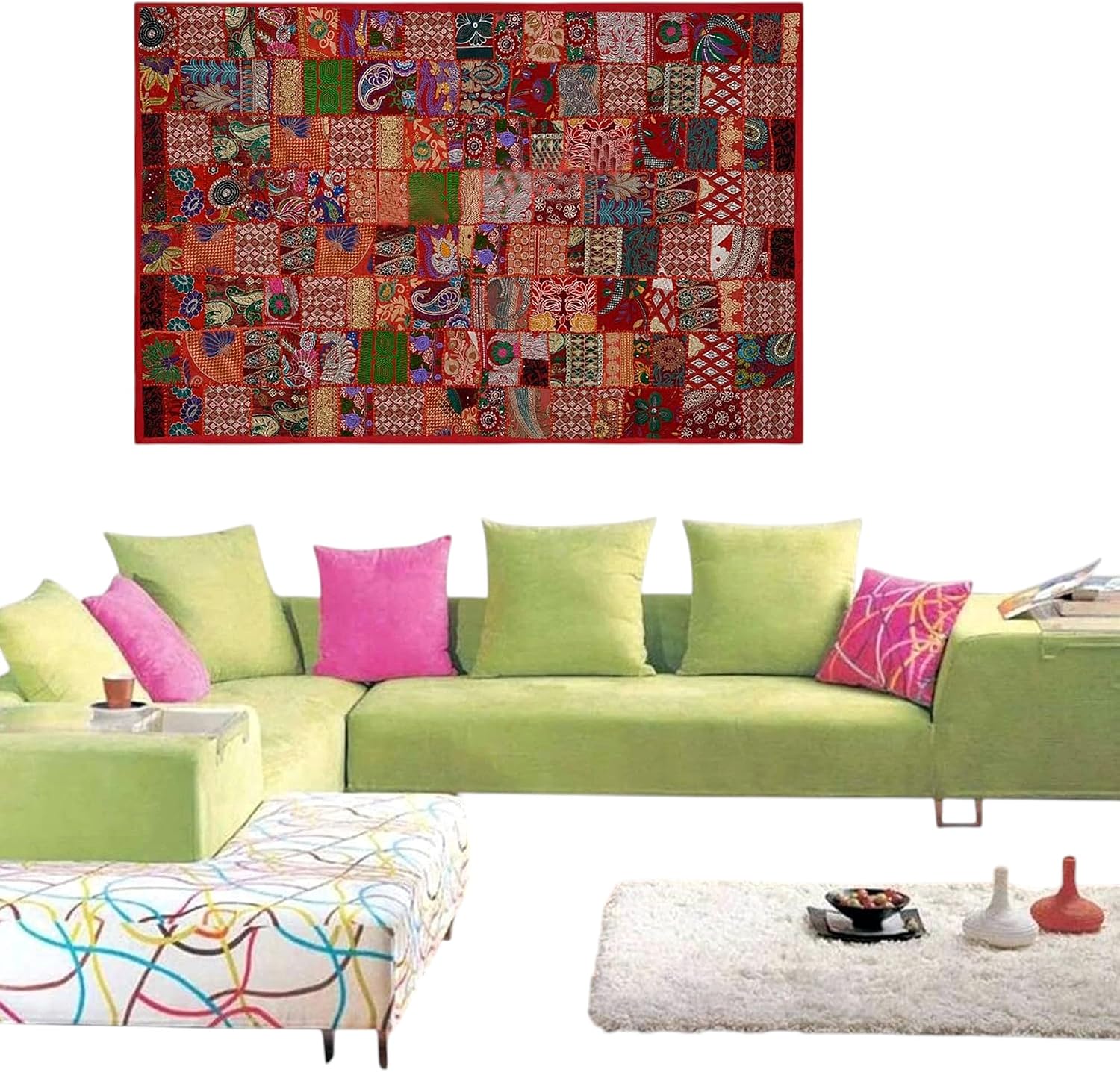 Arprani Indian tapestry-Handmade wall hanging-Embroidered Patchwork Tapestries-Vintage Saree Patces Cutting Wall Art-Bohemian Decor Ethnic Wall Hangings