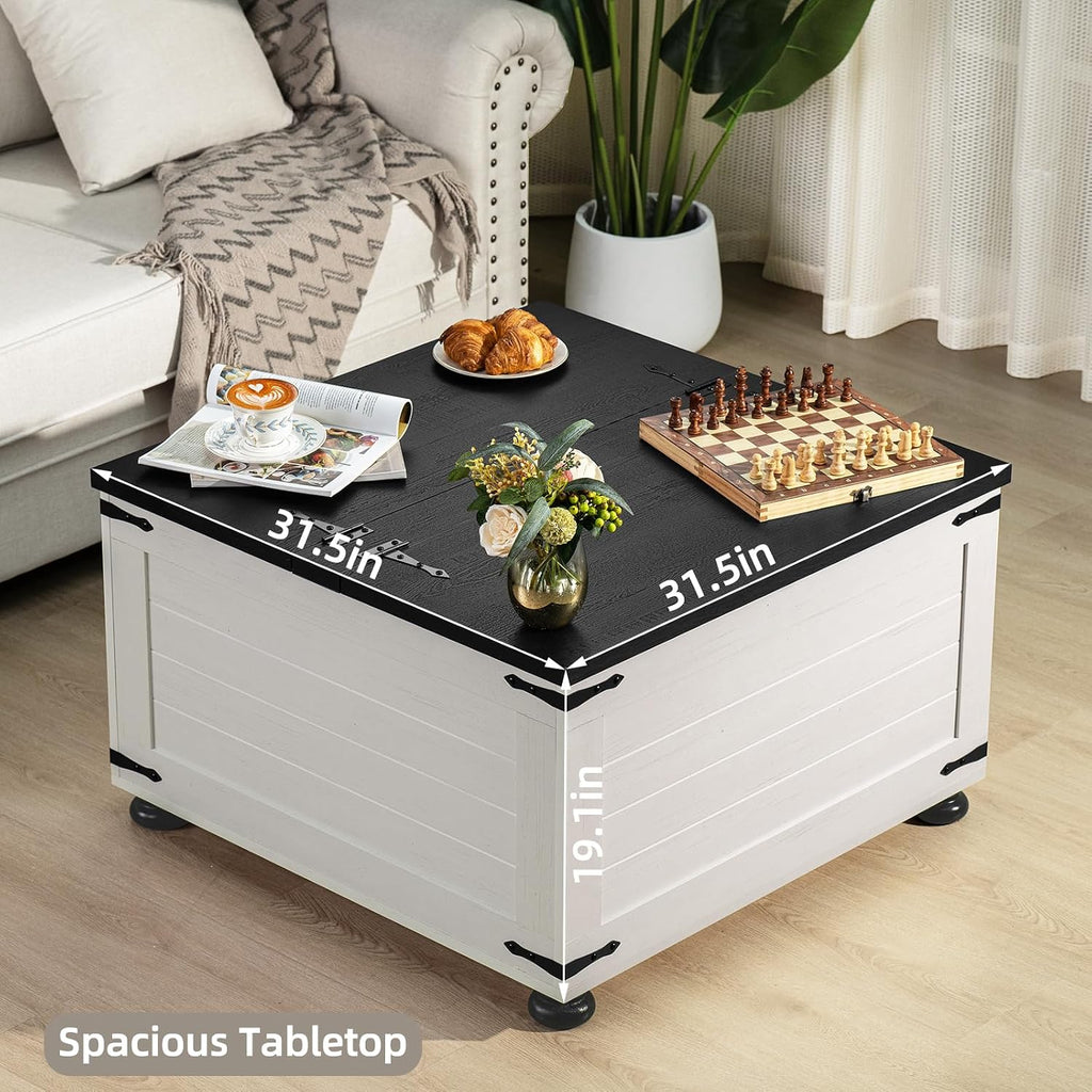 Joaxswe Farmhouse Coffee Table with Hidden Storage, Square Large Center Table for Living Room, Vintage Cocktail Tables with Flip-Top Lids, Farm House Tables with Wood Gourd Feet, Antique White & Black
