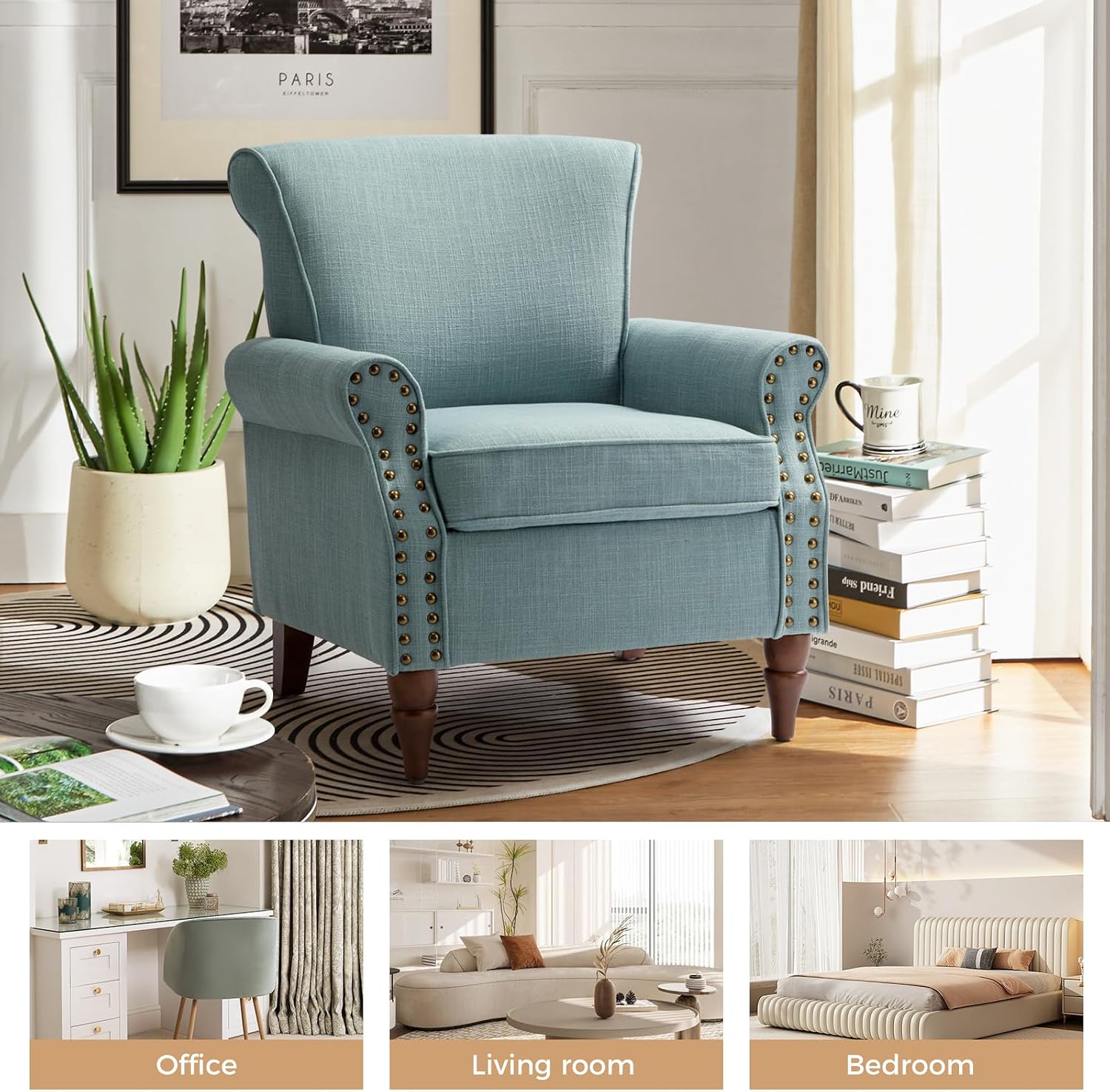 HULALA HOME Accent Chair with Wood Legs & Removable Cushion, Modern Wingback Armchair with Nailhead Trim, Comfy Upholstered Lounge Chair, Single Sofa Chairs for Living Room Bedroom Set of 2, Blue