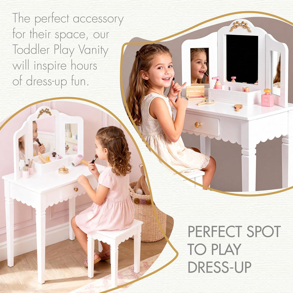 Spirich Kids Vanity Set with Mirror and Stool, Kids Make Up Vanity Desk for Little Girls, Children Makeup Dressing Table with Drawer
