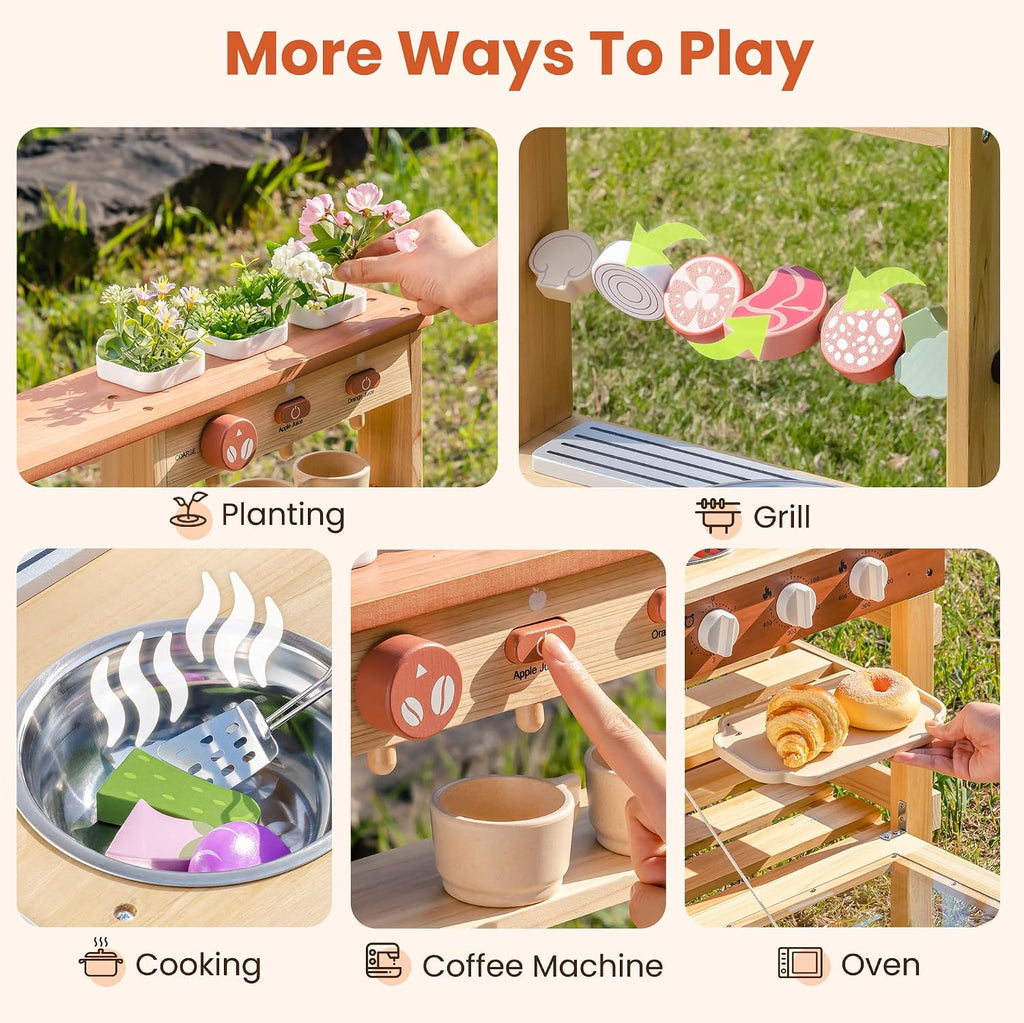 ROBOTIME Kids Mud Kitchen, Wooden Mud Kitchen for Kids Outdoor with Real Water Play Sink, BBQ Grill, Coffee Maker & Planting Station, Large Storage Outdoor Play Kitchen, Kitchen Toys for Ages 3+