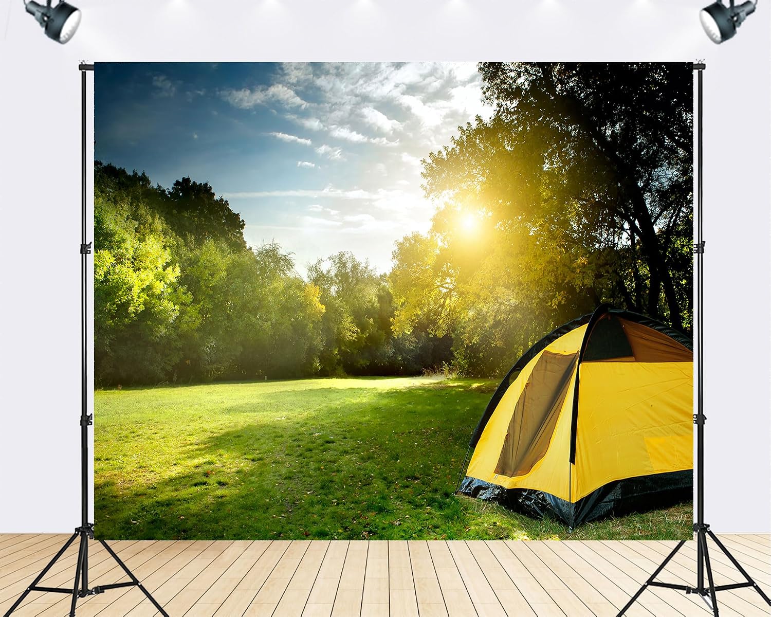 Trykid 20x10ft Yellow Tent Green Forest Camping Backdrop Outdoor Adventure Nature Photography Background Travel Event Tapestry Party Decoration Photo Studio Prop Fabric