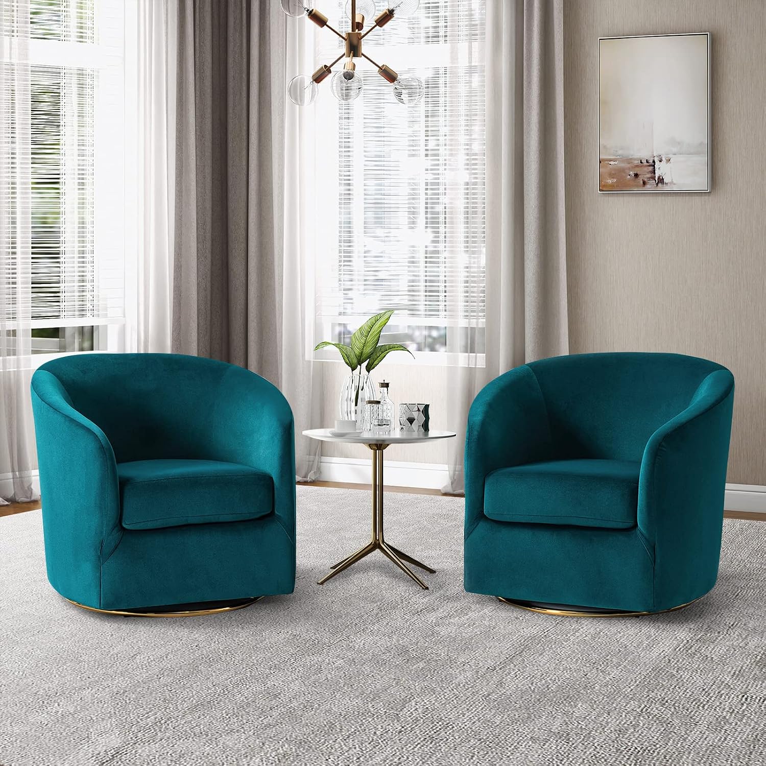 HULALA HOME Swivel Accent Chair with Gold Metal Base, Set of 2 Contemporary Velvet Curved Swivel Barrel Chair, Upholstered Club Armchair, Leisure Single Sofa for Living Room, Nursery, Bedroom(Teal)