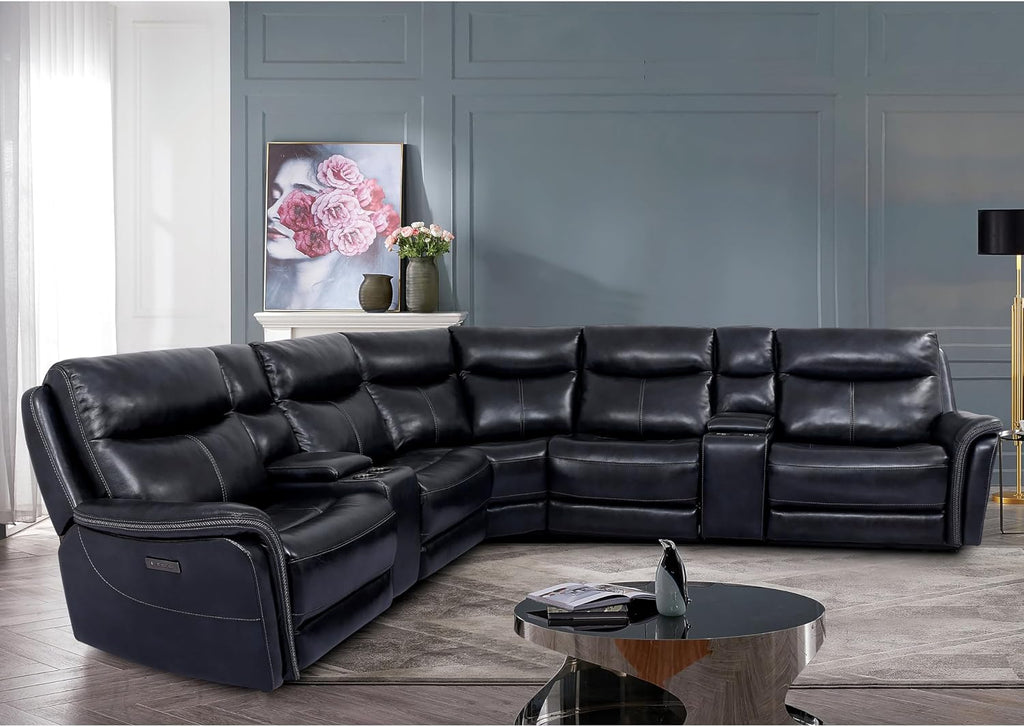 Furniture of America Pawona 135.5 inches Leather Upholstered Power Recliner Sectional with Cup Holders, Storage Console and USB Charger for Living Room, Home Office, Dark Navy
