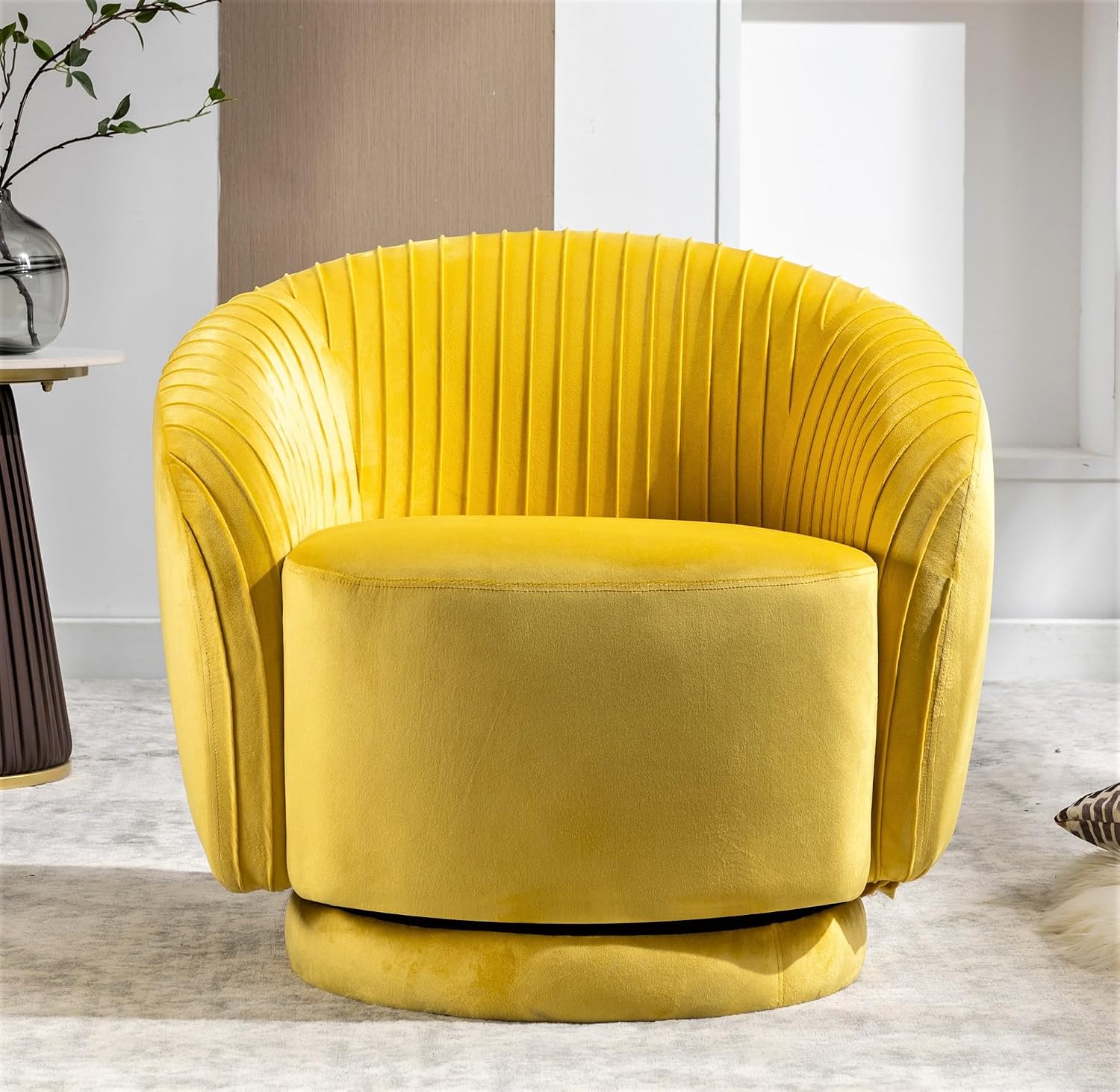 Container Furniture Direct Modern Barrel Swivel Chair with Plush Velvet Upholstery and Smooth 360° Rotation, Round Accent One-Seater Sofa for Living Room, Bedroom, and Office, Yellow