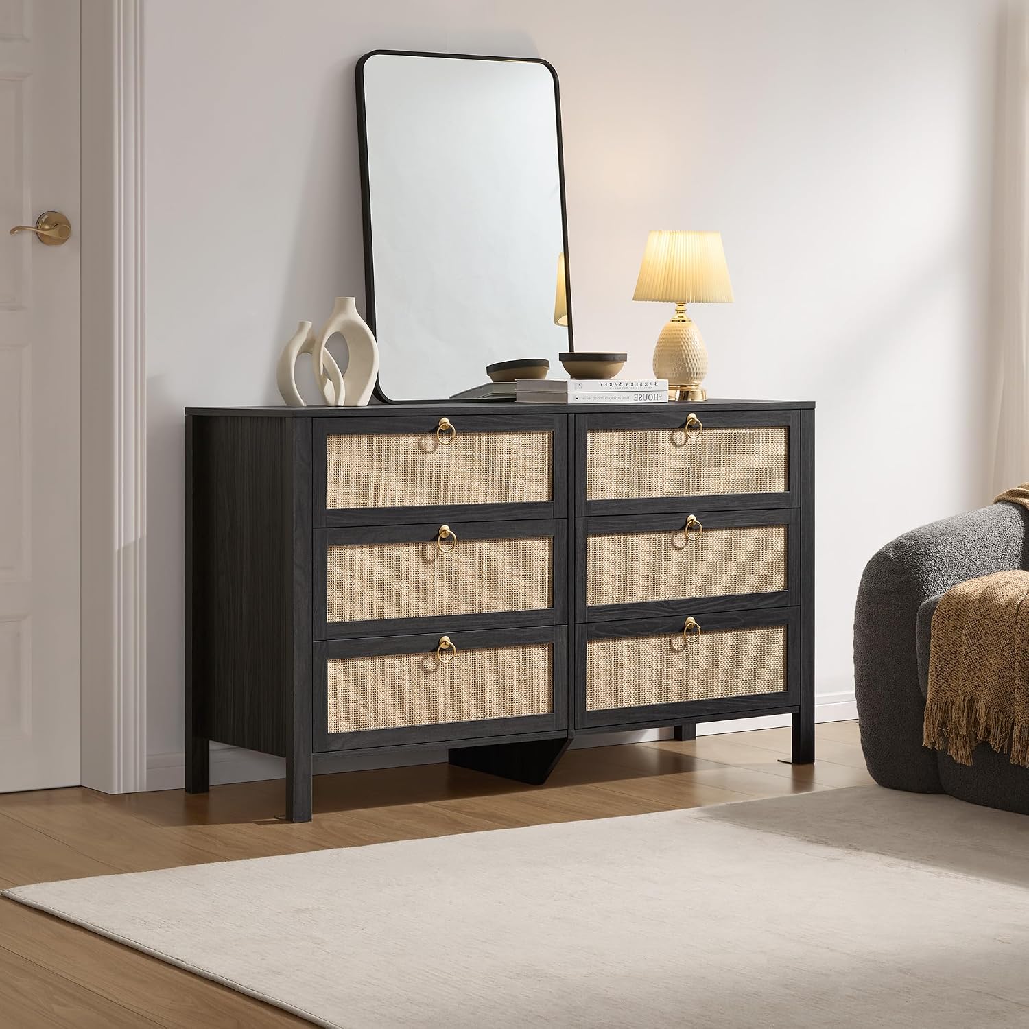 SICOTAS 6 Drawer Dresser for Bedroom - 51' Wide Rattan Dressers Chest of Drawers for Closet, Larger Storage Cabinet Farmhouse Boho Dresser TV Stand for Living Dining Room, Hallway, Black