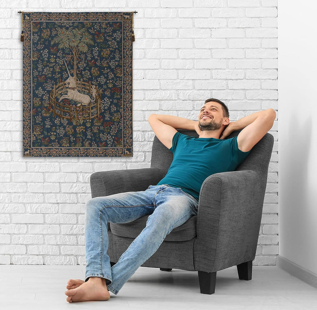 Charlotte Home Furnishings Inc. Licorne Captive Blue French Tapestry Wall Hanging 58 X 44 Inch Viscose Cotton And Polyester Blend Wall Art Perfect For Home Decor Room Decor And Wall Decor