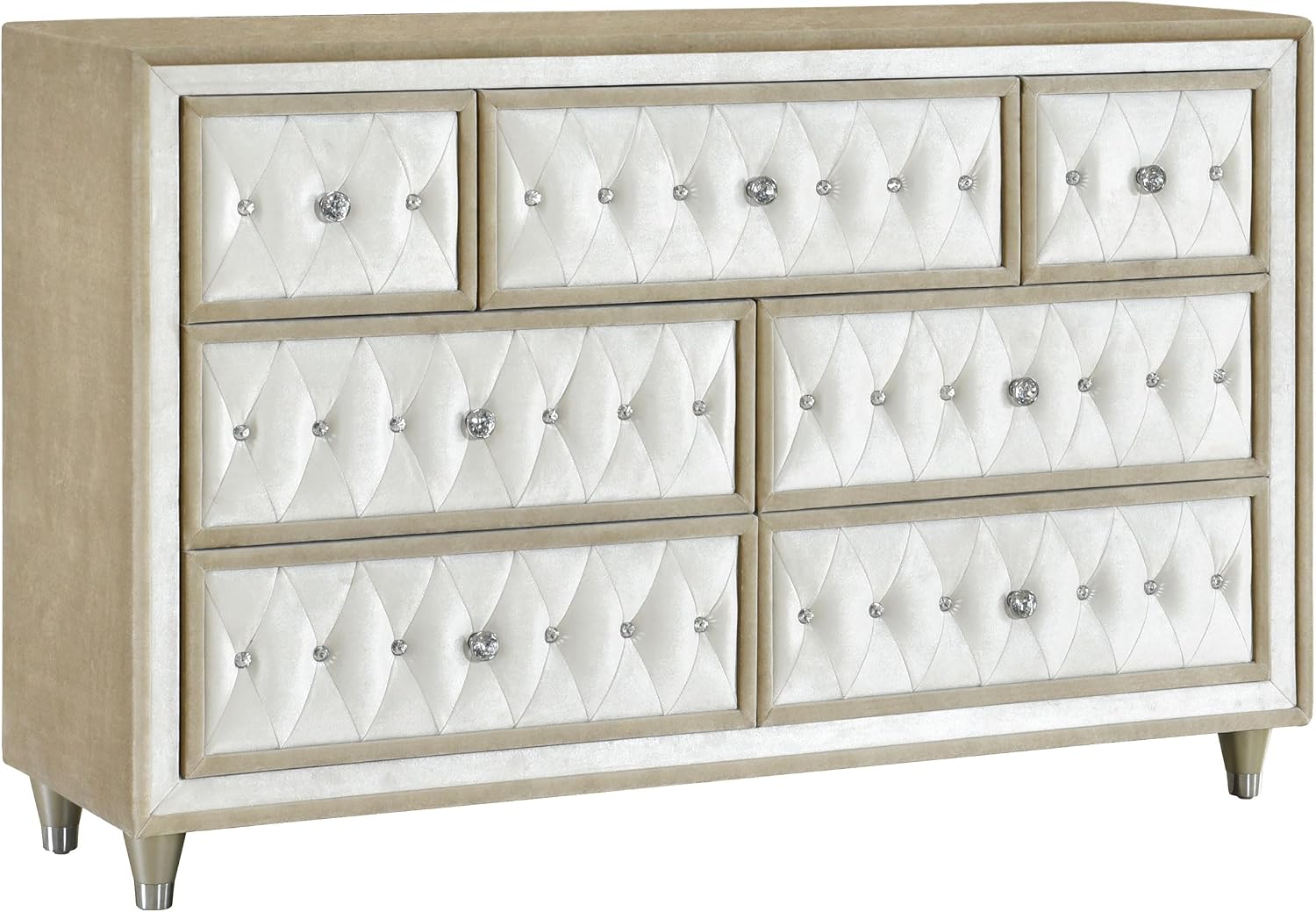 Coaster Home Furnishings - Antonella - Engineered Wood - 7-Drawer Upholstered Dresser with Modern Classic Style, Button-Tufted Details, Faux Crystal Accents - Bedroom - Ivory and Camel - 223523
